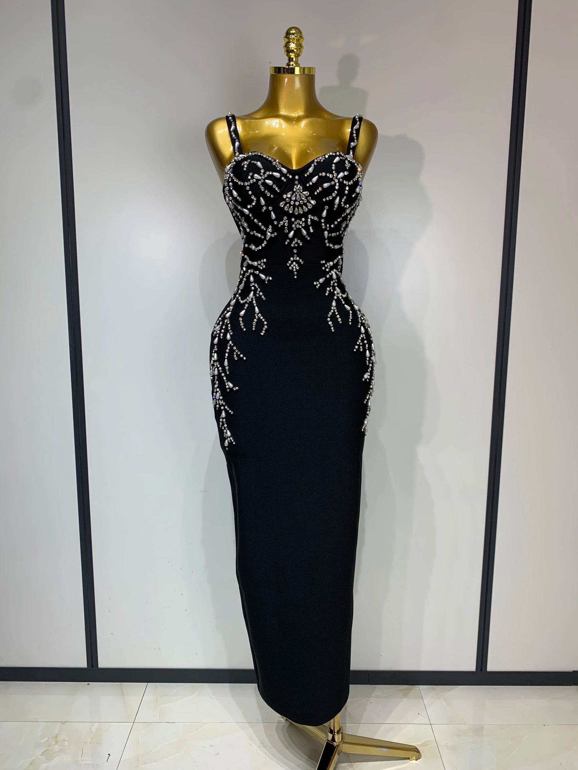 V-Neck Black Beading Maxi Long Bodycon Bandage Dress