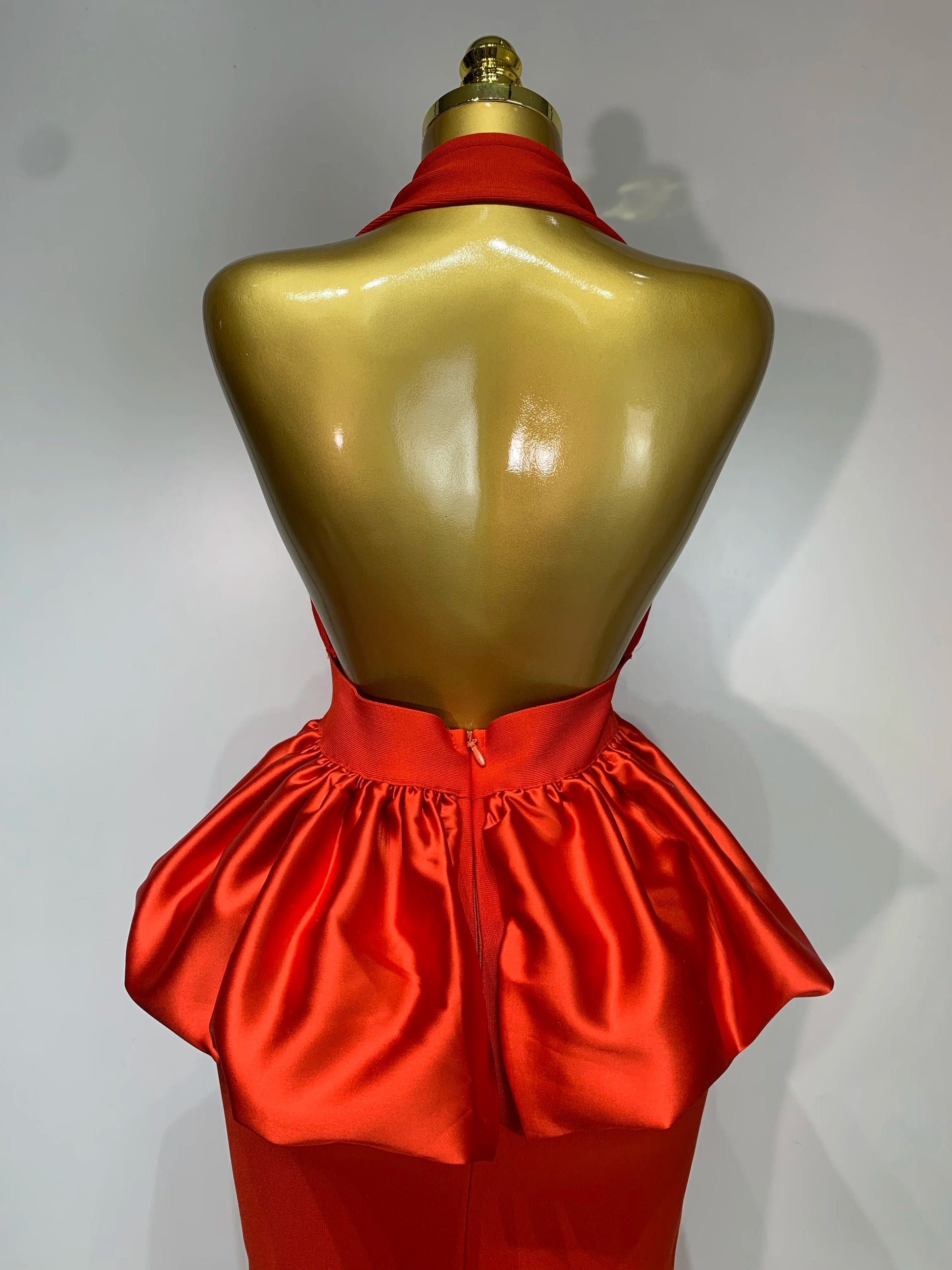 Scarlet Peony Satin Peplum Gown