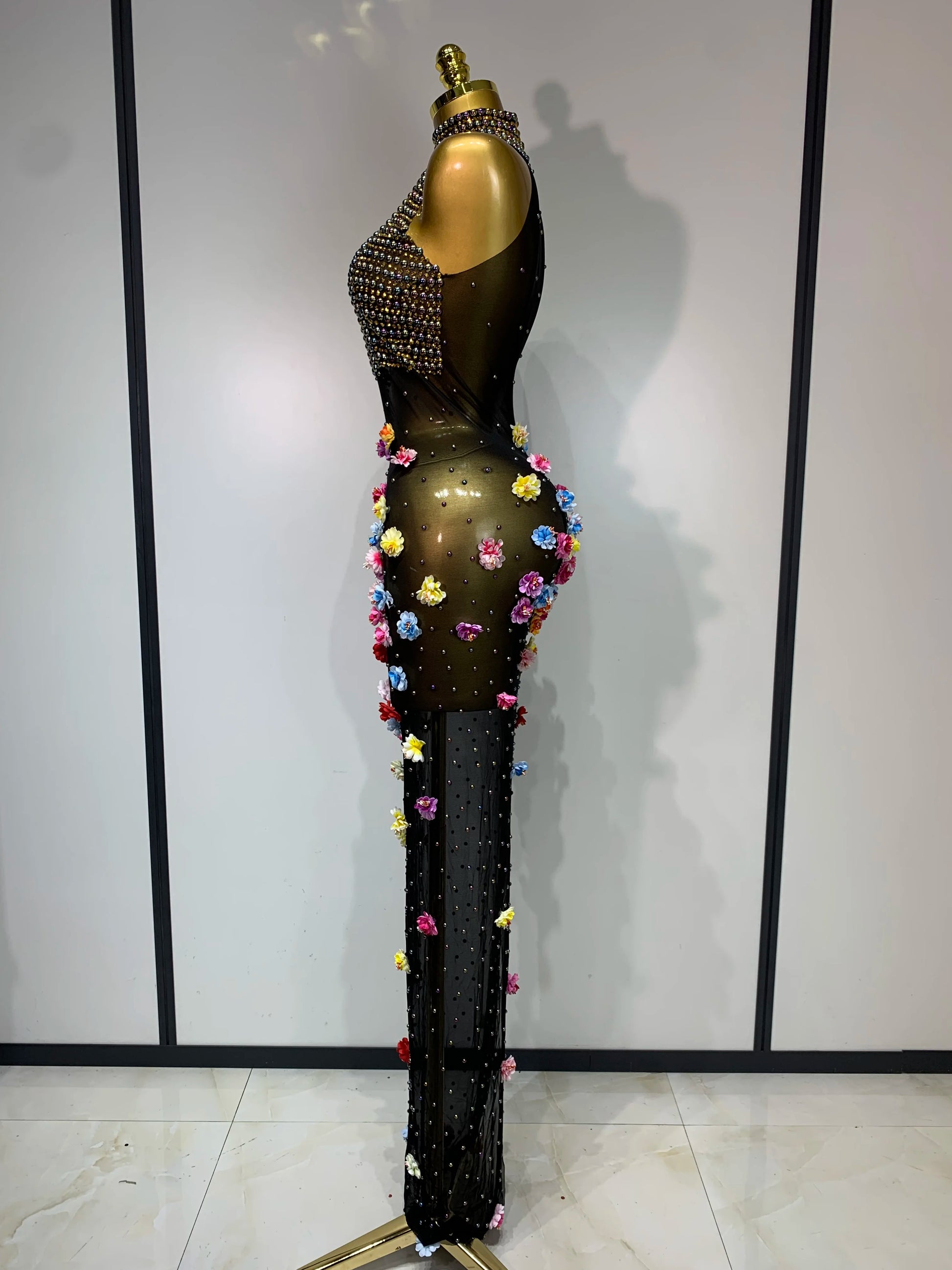 Rhinestones Flowers Sexy See Through Long Dress