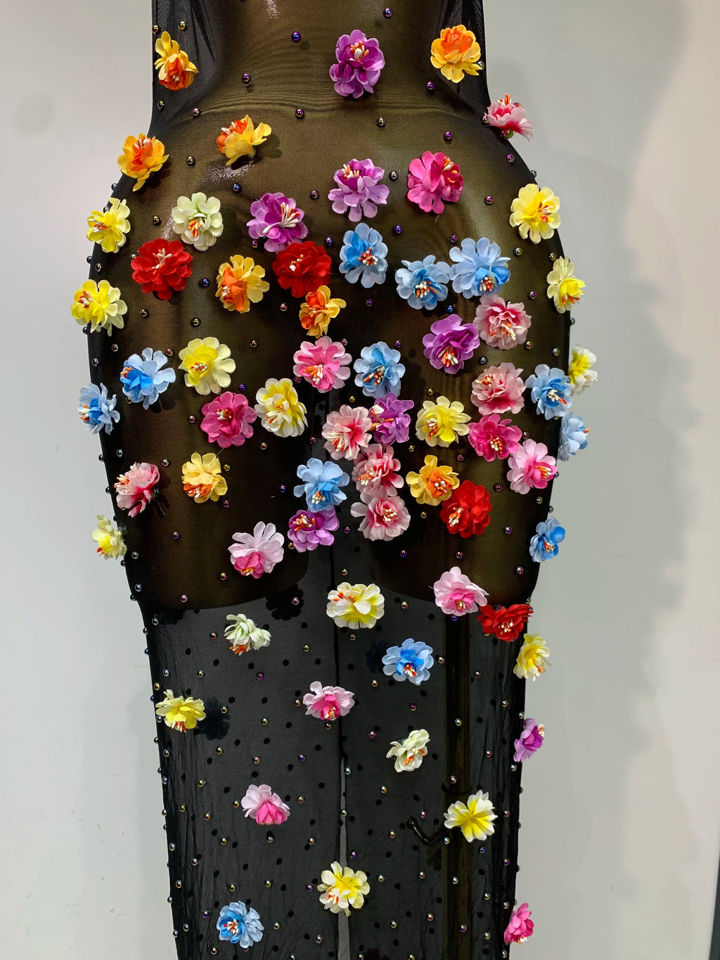 Rhinestones Flowers Sexy See Through Long Dress