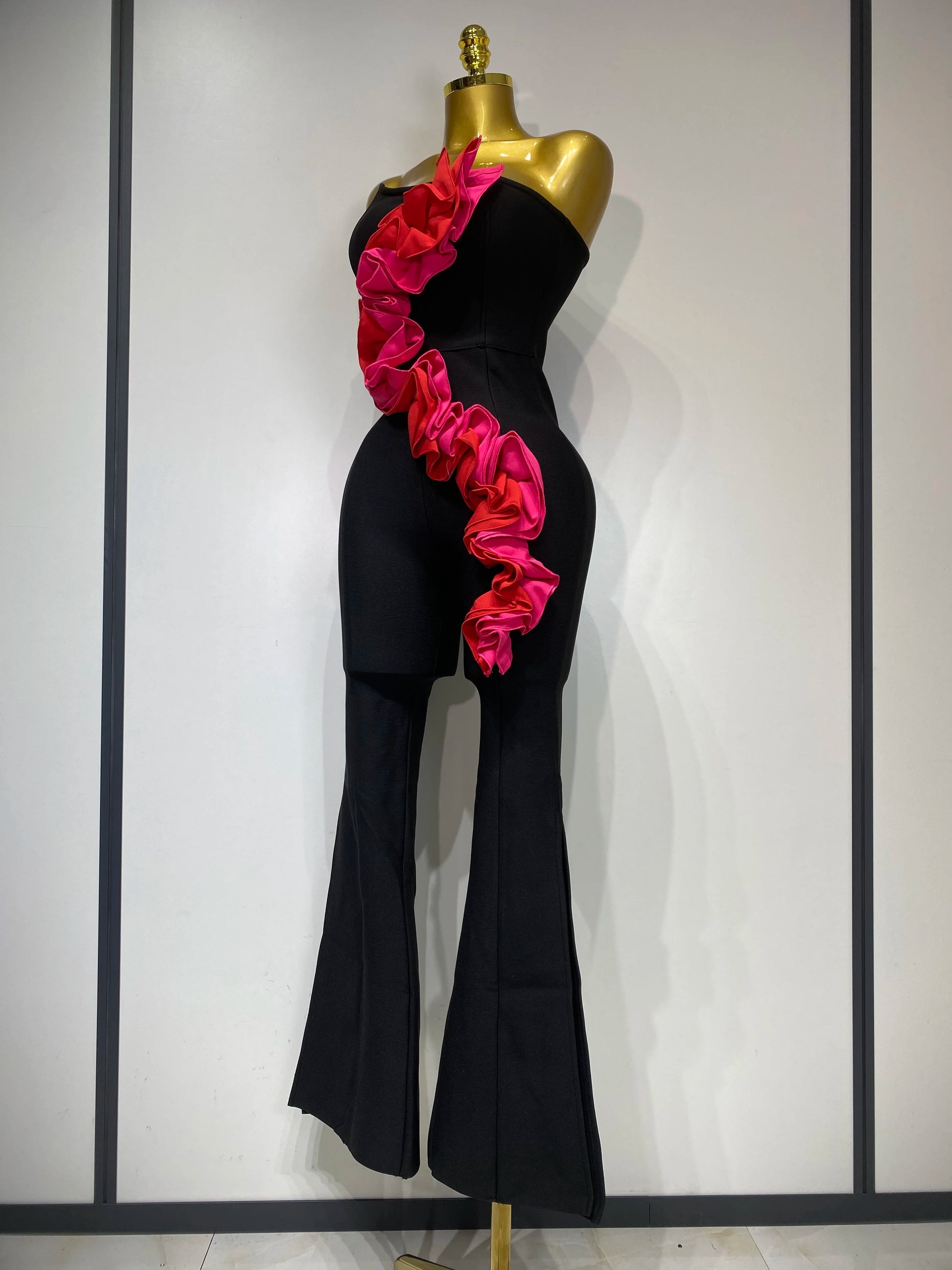 Sexy Strapless Ruffle Black Bodycon Bandage Jumpsuit