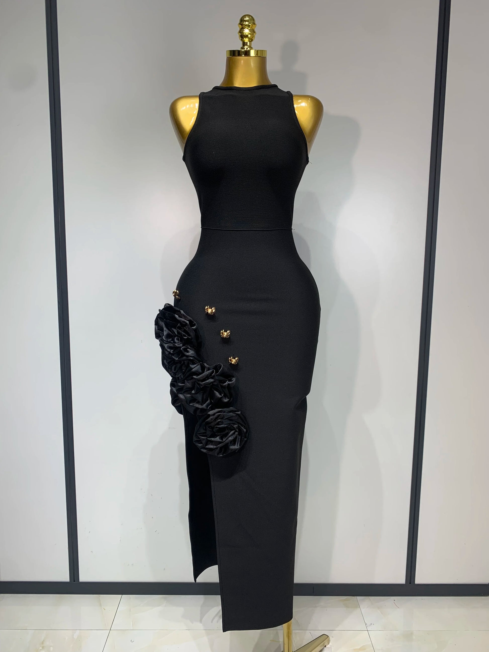 Noir Rosette Ruffle Midi Dress
