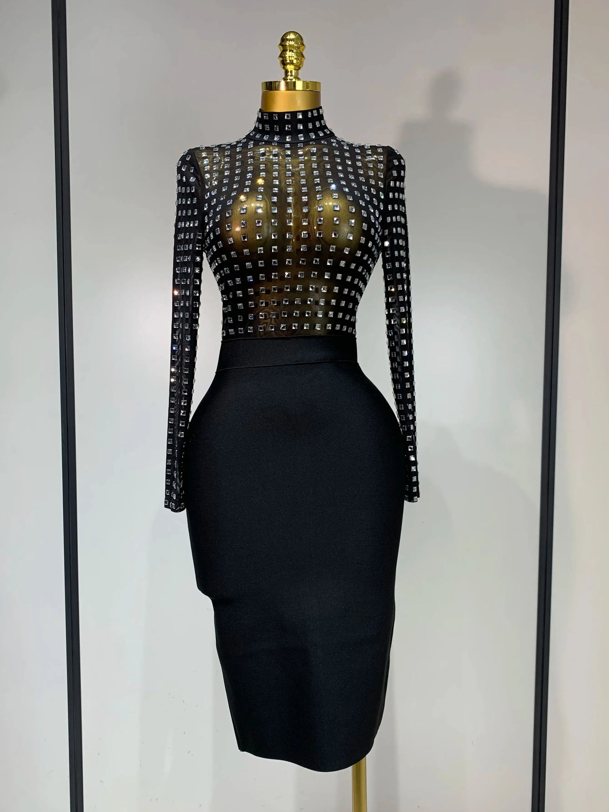 Turtleneck Rhinestones Black Mesh Bodycon Bandage Dress