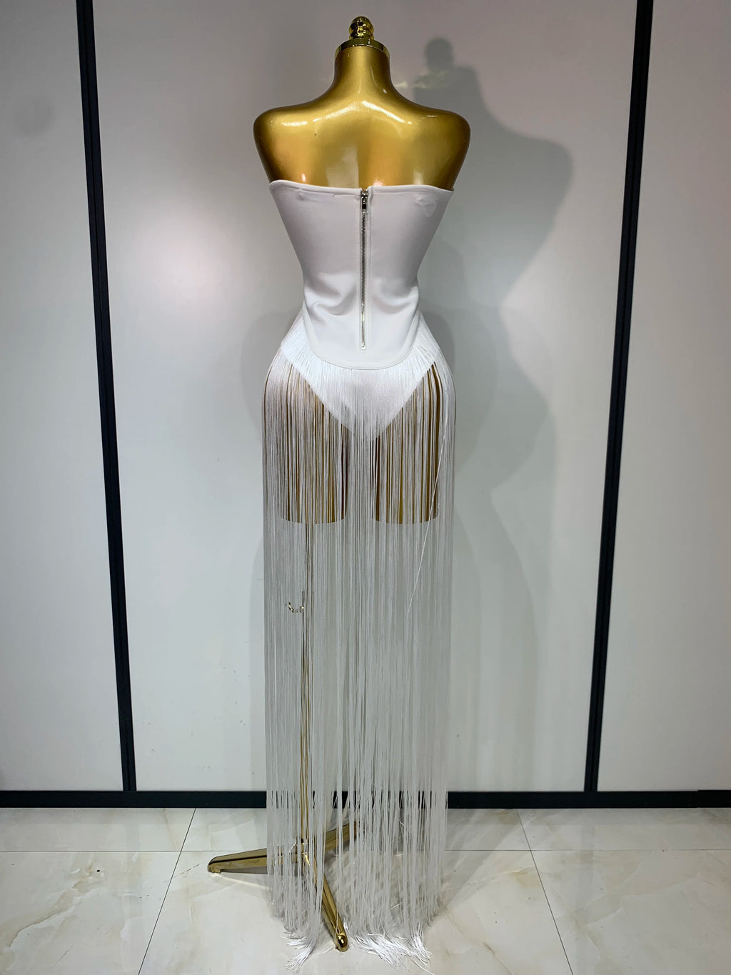 Sexy White Elegant Strapless Long Tassels Bandage Bodysuit