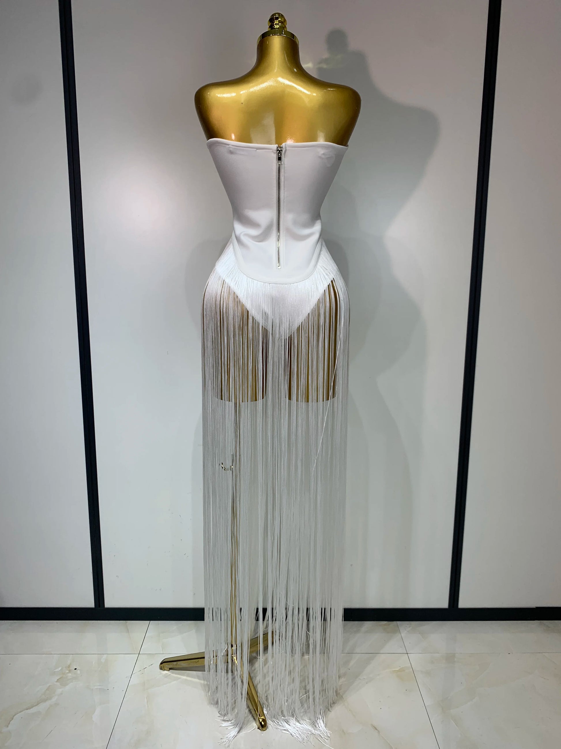 Sexy White Elegant Strapless Long Tassels Bandage Bodysuit