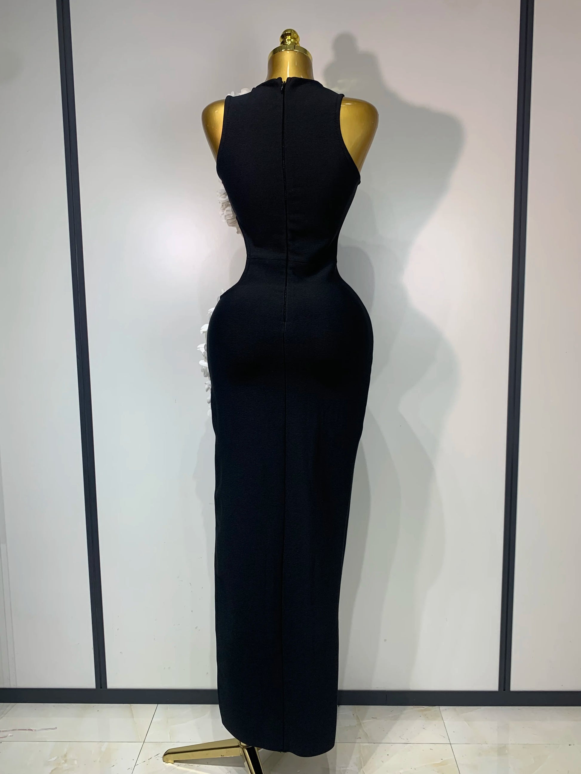 O Neck Flower Cut Out Maxi Long Bodycon Bandage Dress