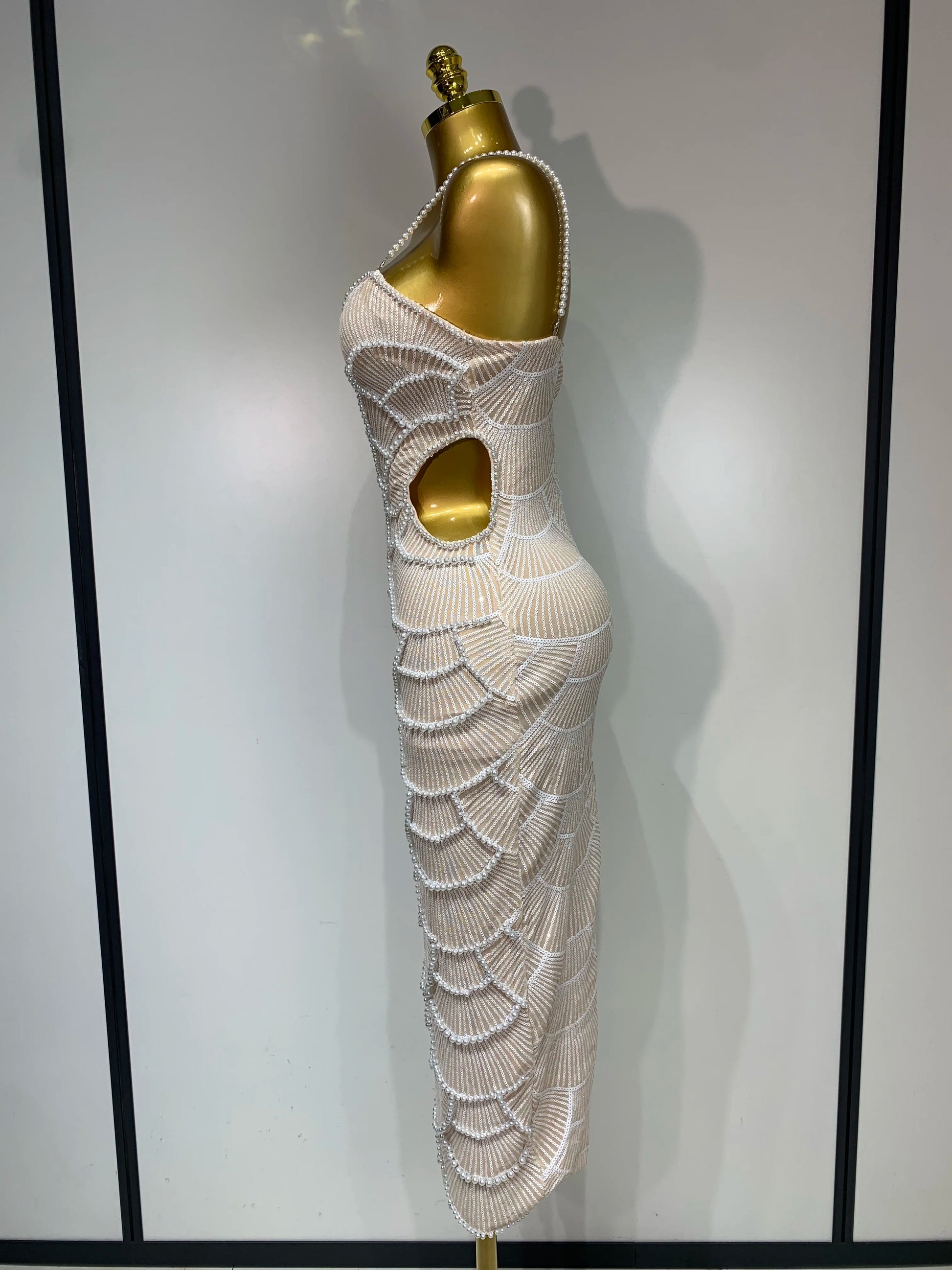 Pearl Beading Cut Out Maxi Long Bodycon Dress