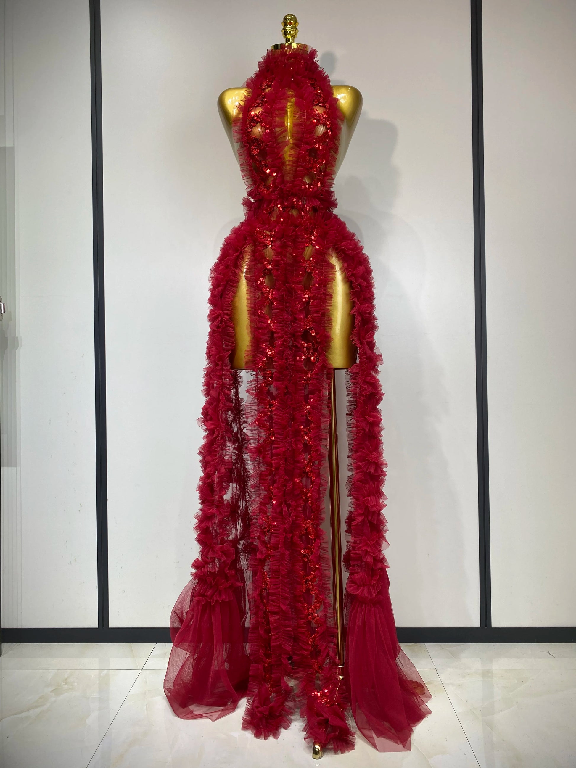 Mesh Sequins Sexy Backless Halter See Through Dress