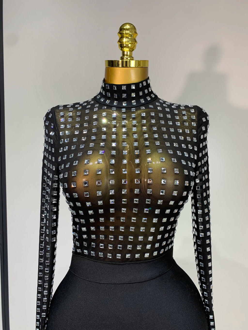 Turtleneck Rhinestones Black Mesh Bodycon Bandage Dress