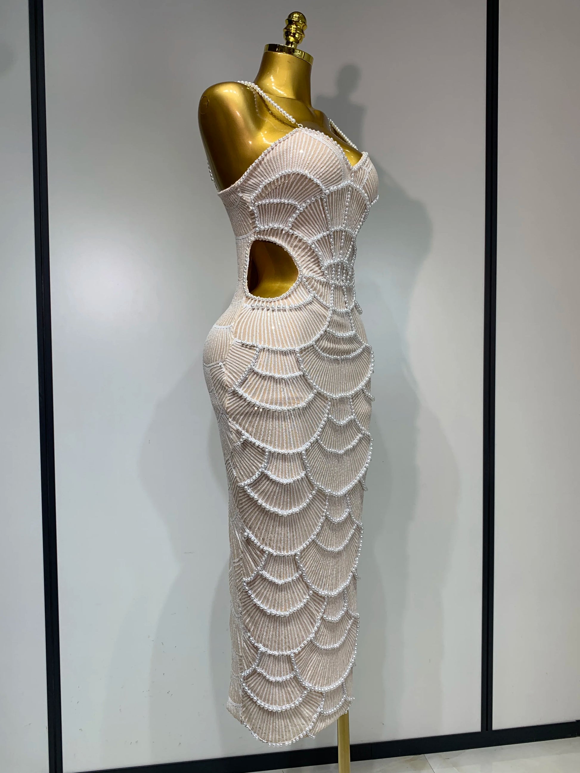Pearl Beading Cut Out Maxi Long Bodycon Dress