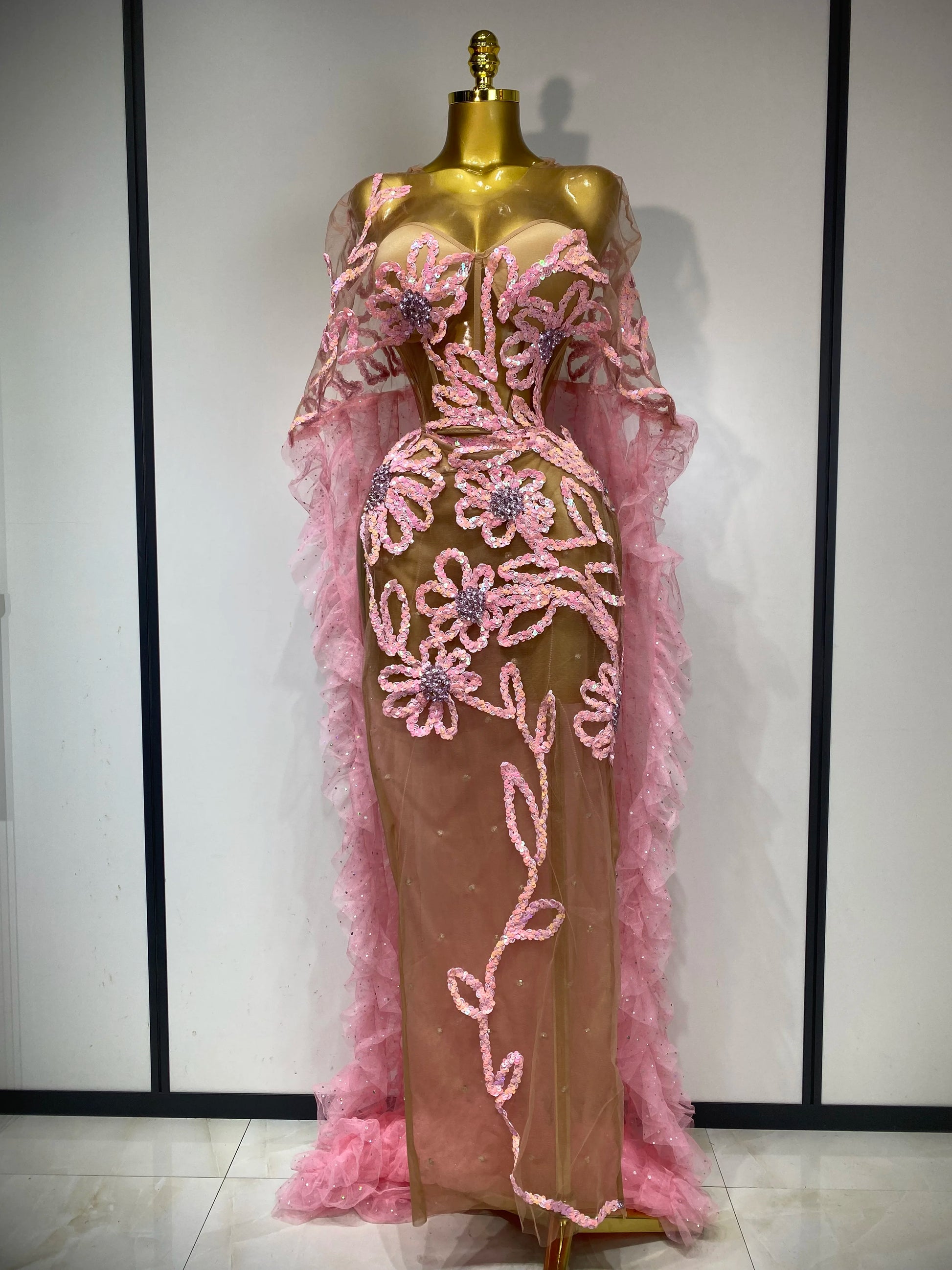 Mesh See Through Sequins Pink Maxi Long Dress