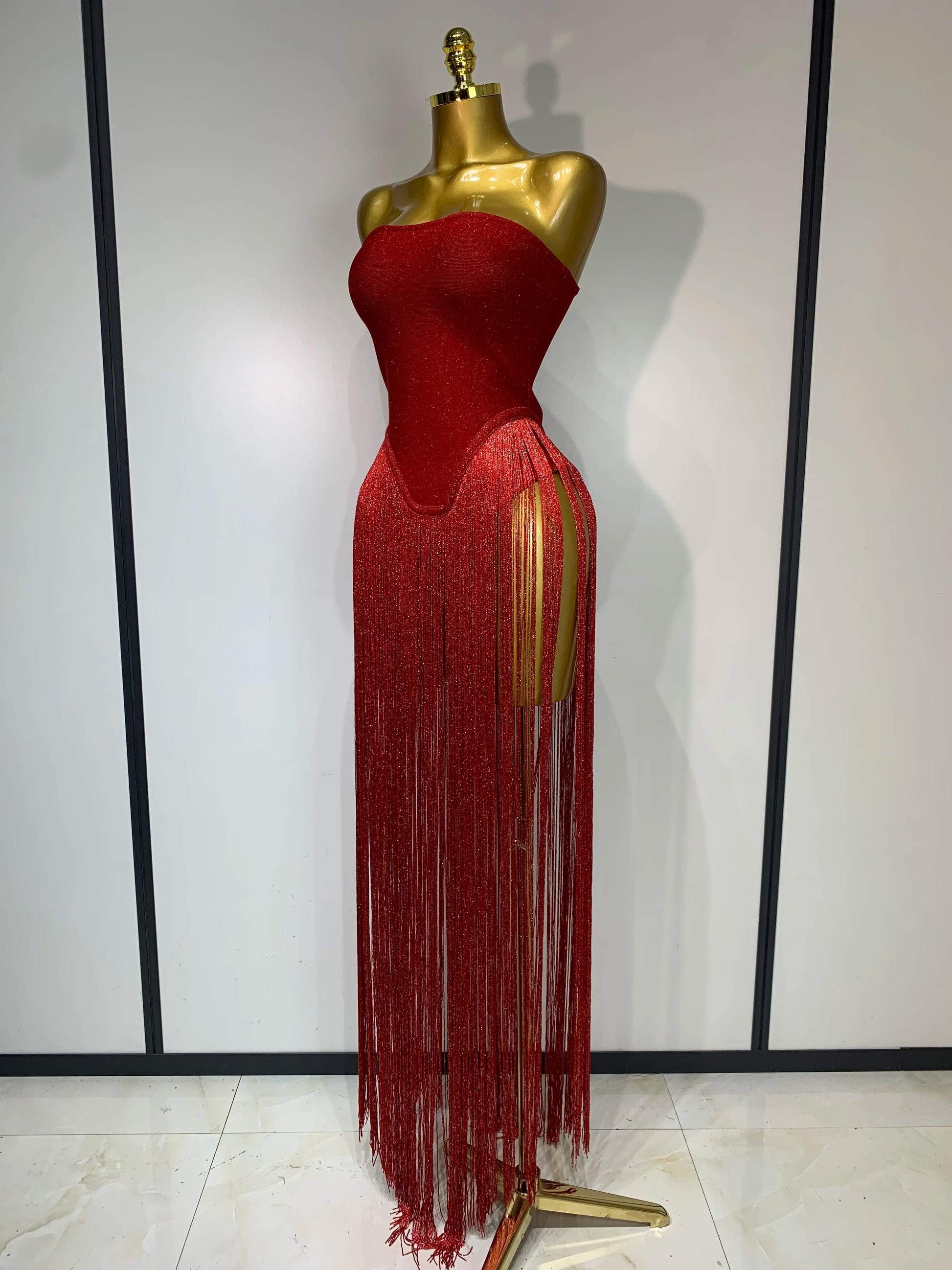 Tassel Patchwork Strapless Bandage Bodysuit