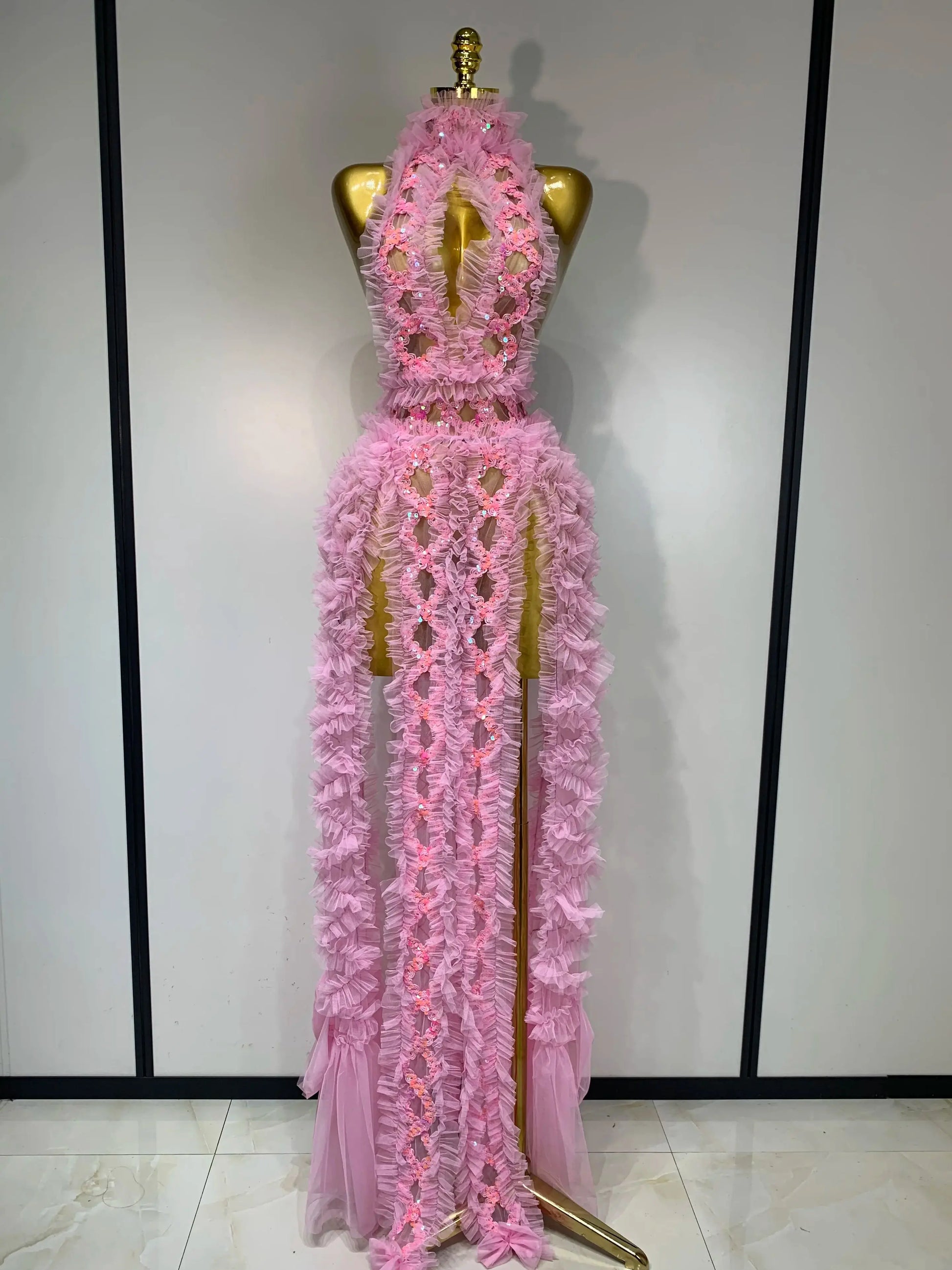 Mesh Sequins Sexy Backless Halter See Through Dress