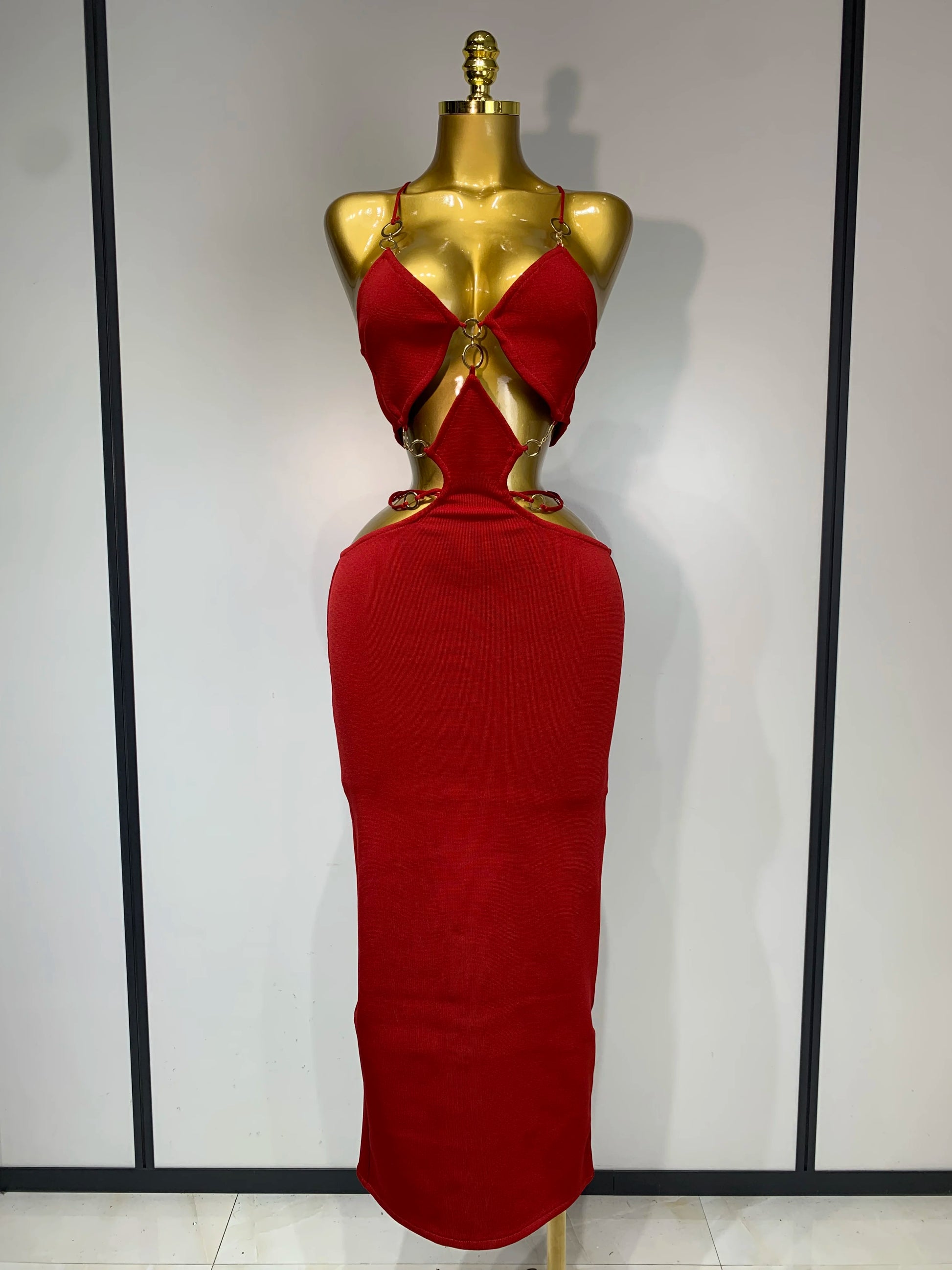 Hollow Out Black Red Bodycon Long Bandage Dress