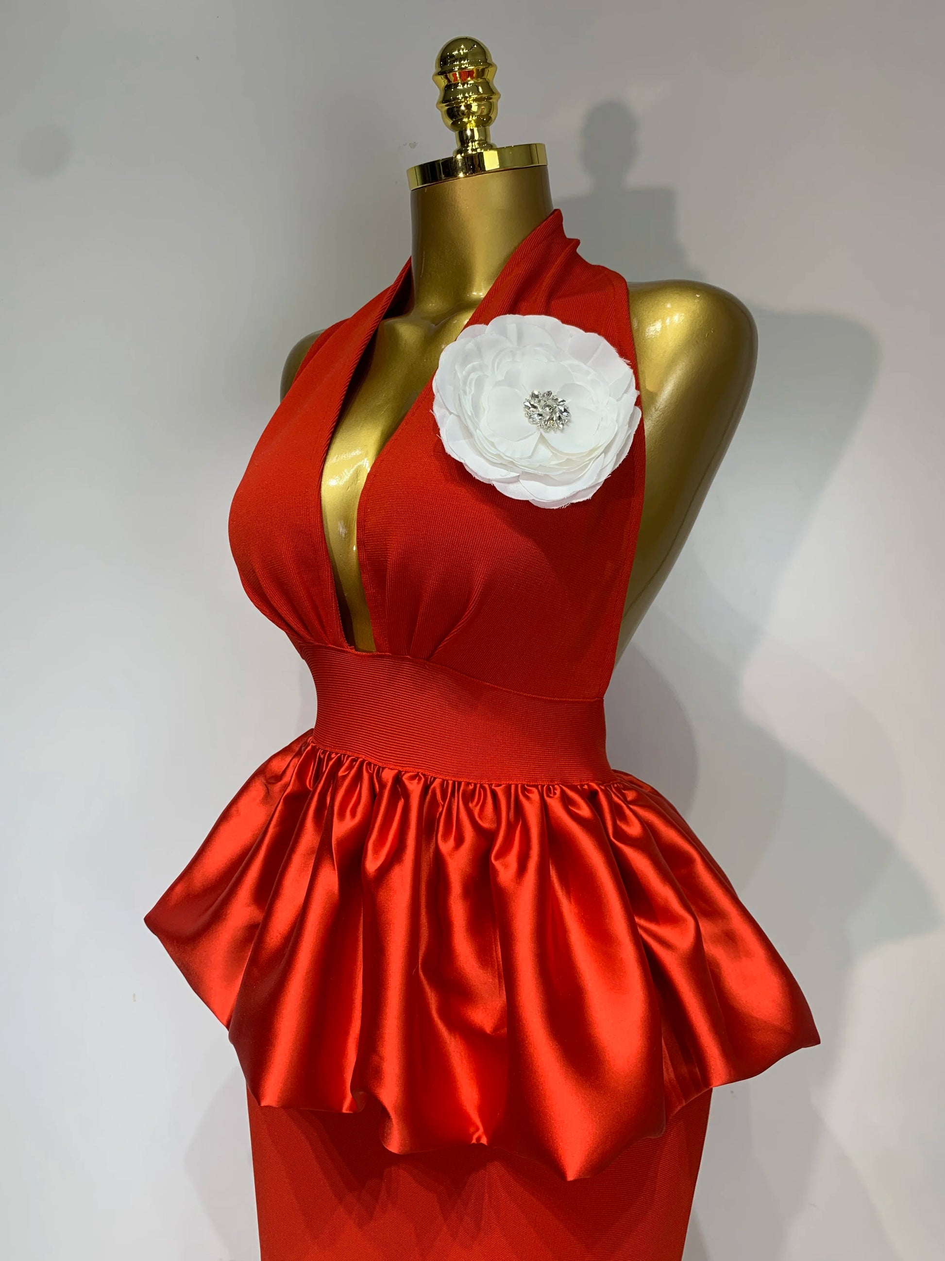 Scarlet Peony Satin Peplum Gown