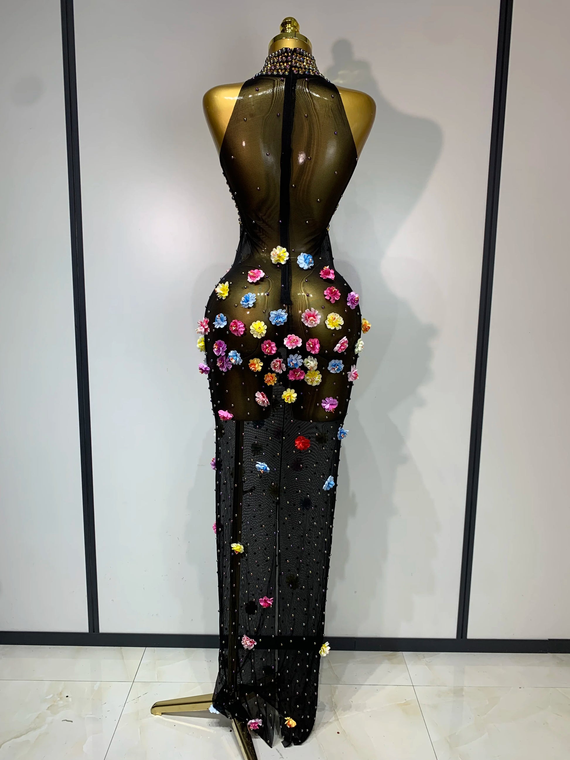 Rhinestones Flowers Sexy See Through Long Dress