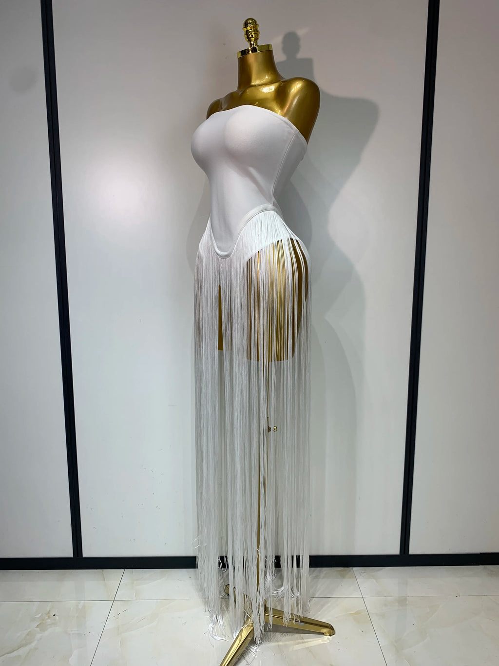 Sexy White Elegant Strapless Long Tassels Bandage Bodysuit