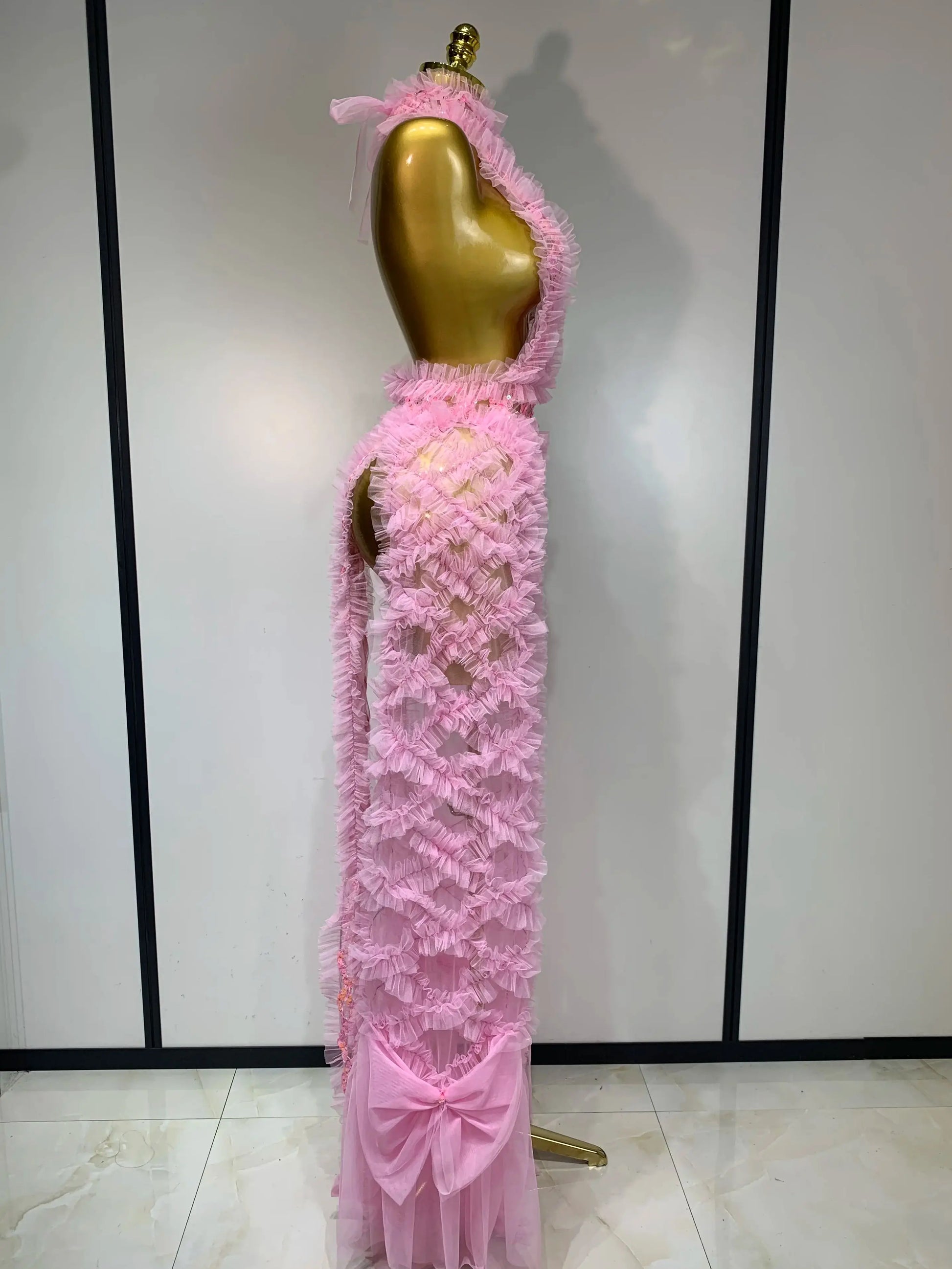 Mesh Sequins Sexy Backless Halter See Through Dress