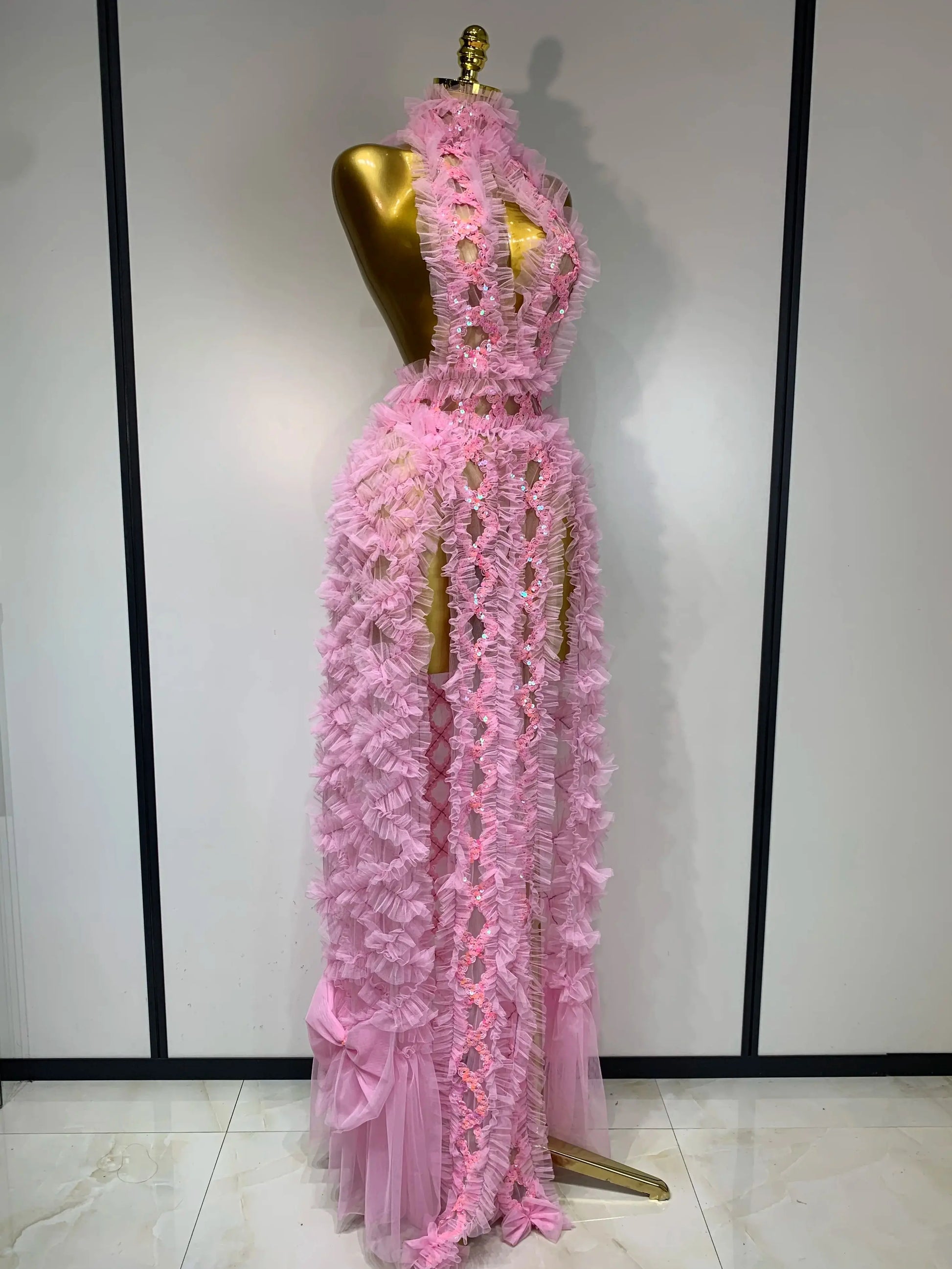 Mesh Sequins Sexy Backless Halter See Through Dress