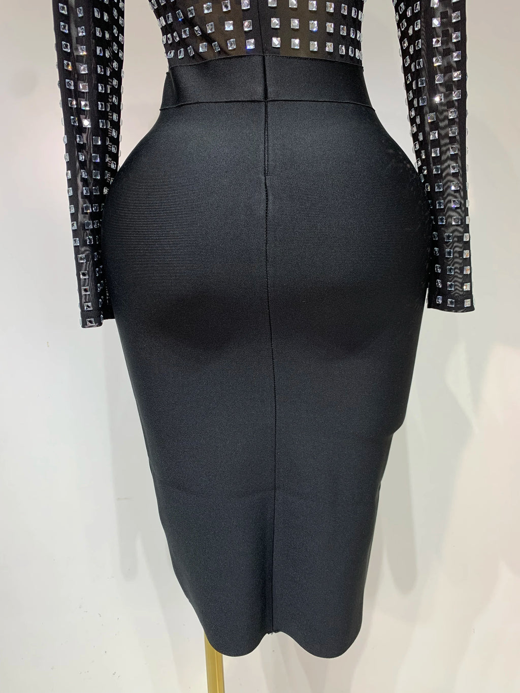 Turtleneck Rhinestones Black Mesh Bodycon Bandage Dress