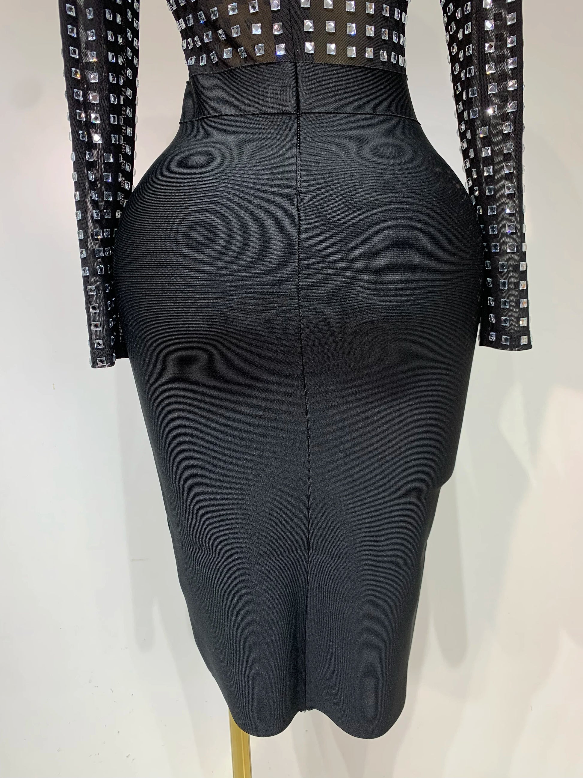 Turtleneck Rhinestones Black Mesh Bodycon Bandage Dress