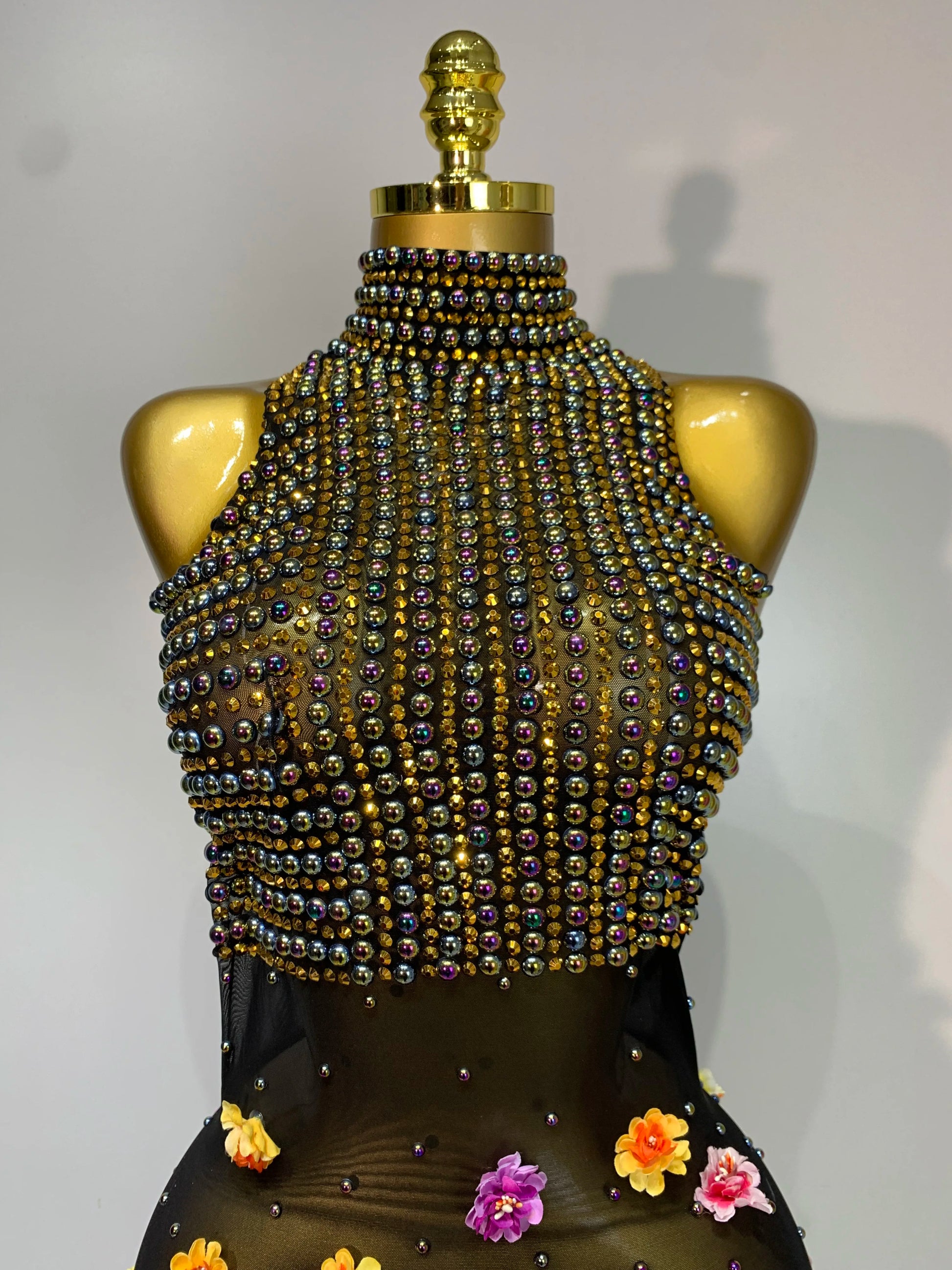 Rhinestones Flowers Sexy See Through Long Dress