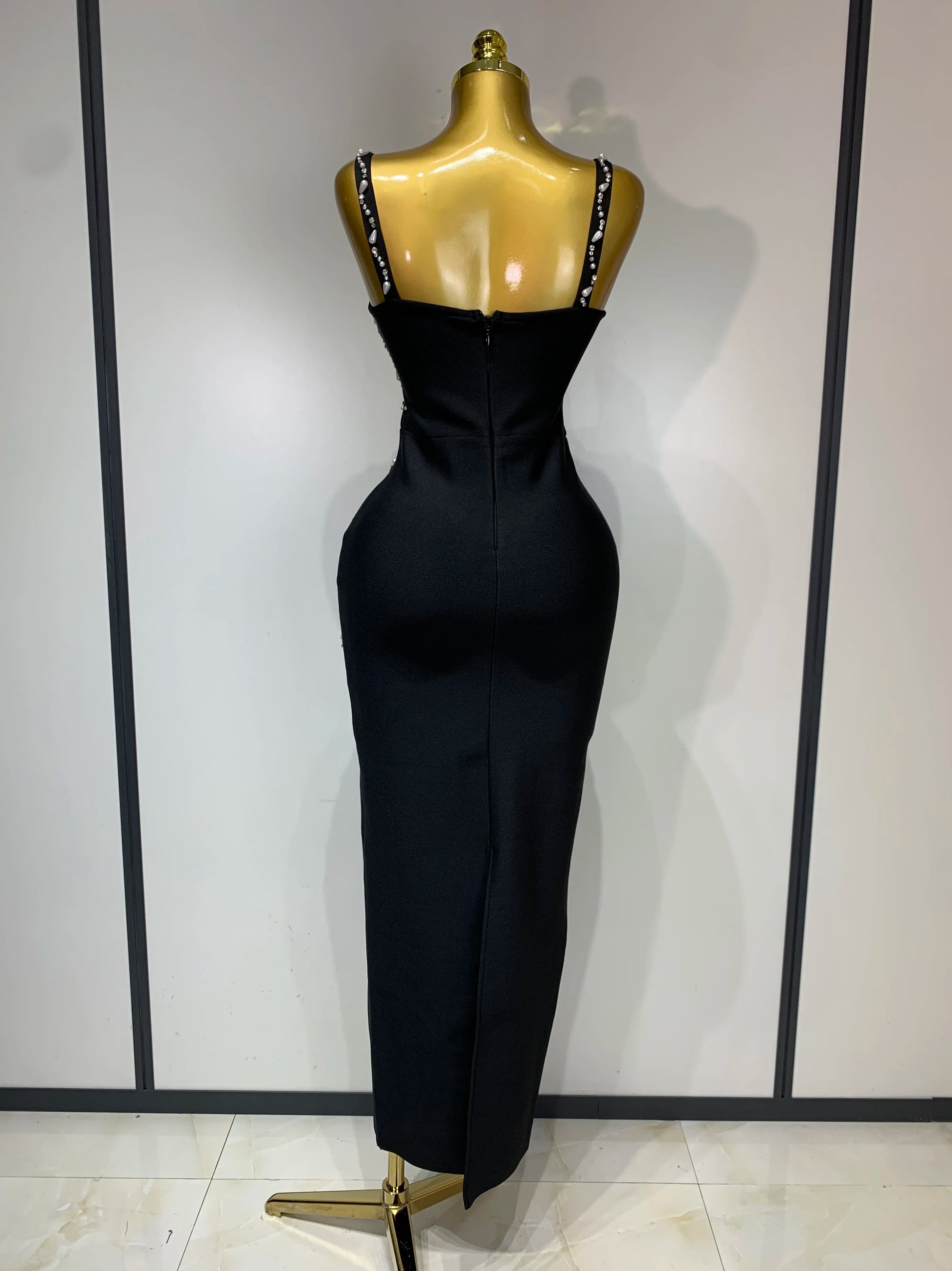 V-Neck Black Beading Maxi Long Bodycon Bandage Dress