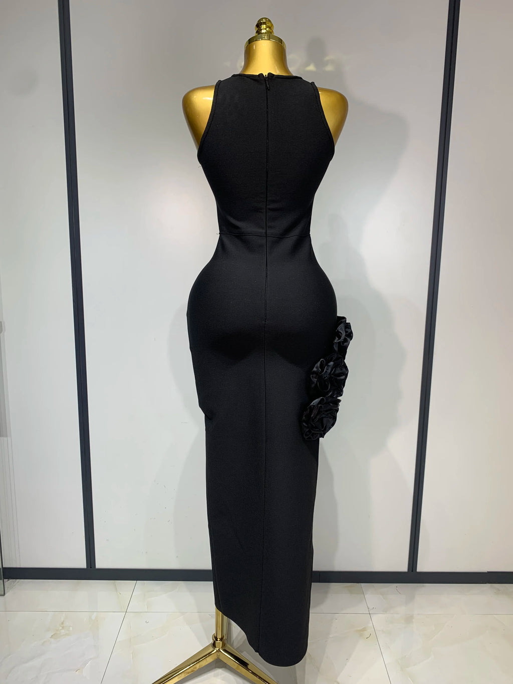 Noir Rosette Ruffle Midi Dress