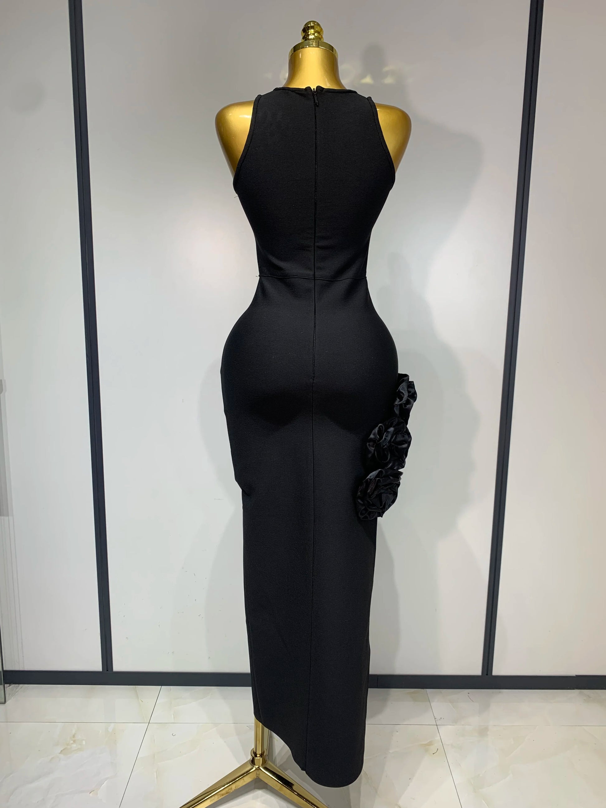 Noir Rosette Ruffle Midi Dress