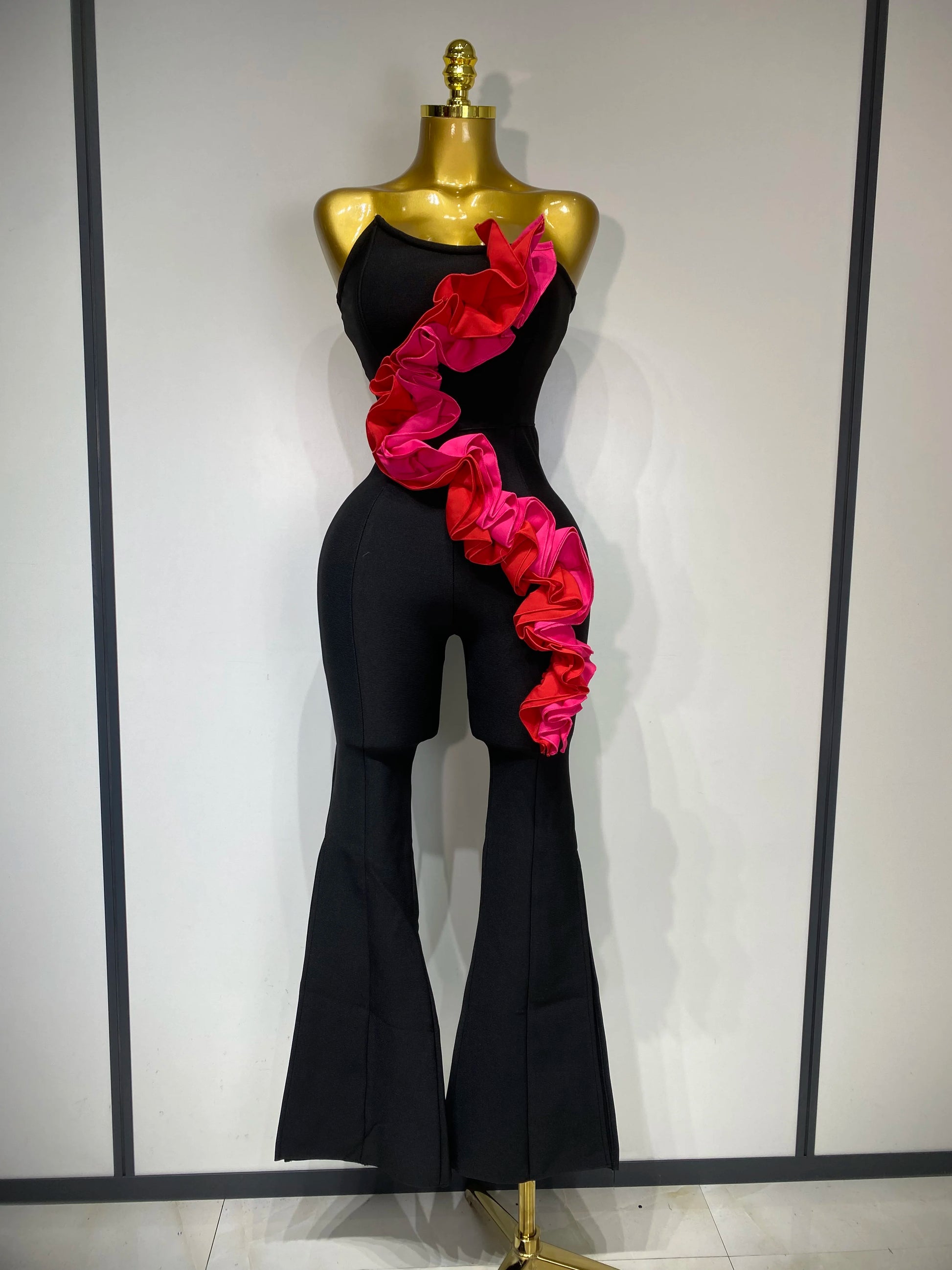 Sexy Strapless Ruffle Black Bodycon Bandage Jumpsuit