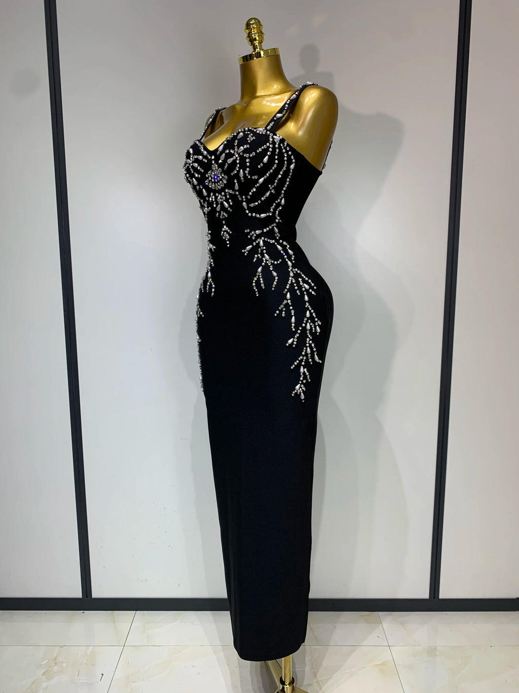 V-Neck Black Beading Maxi Long Bodycon Bandage Dress