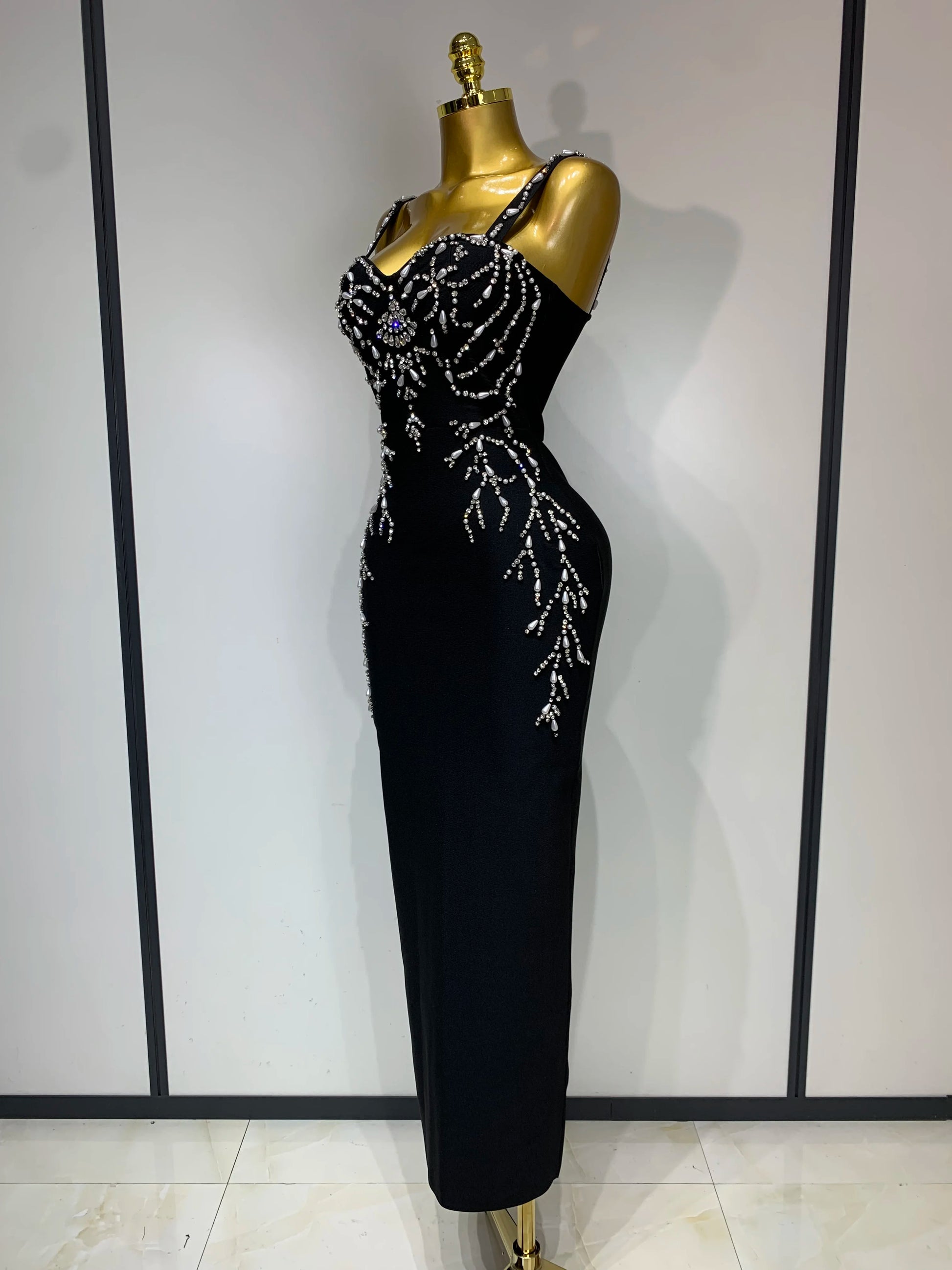V-Neck Black Beading Maxi Long Bodycon Bandage Dress