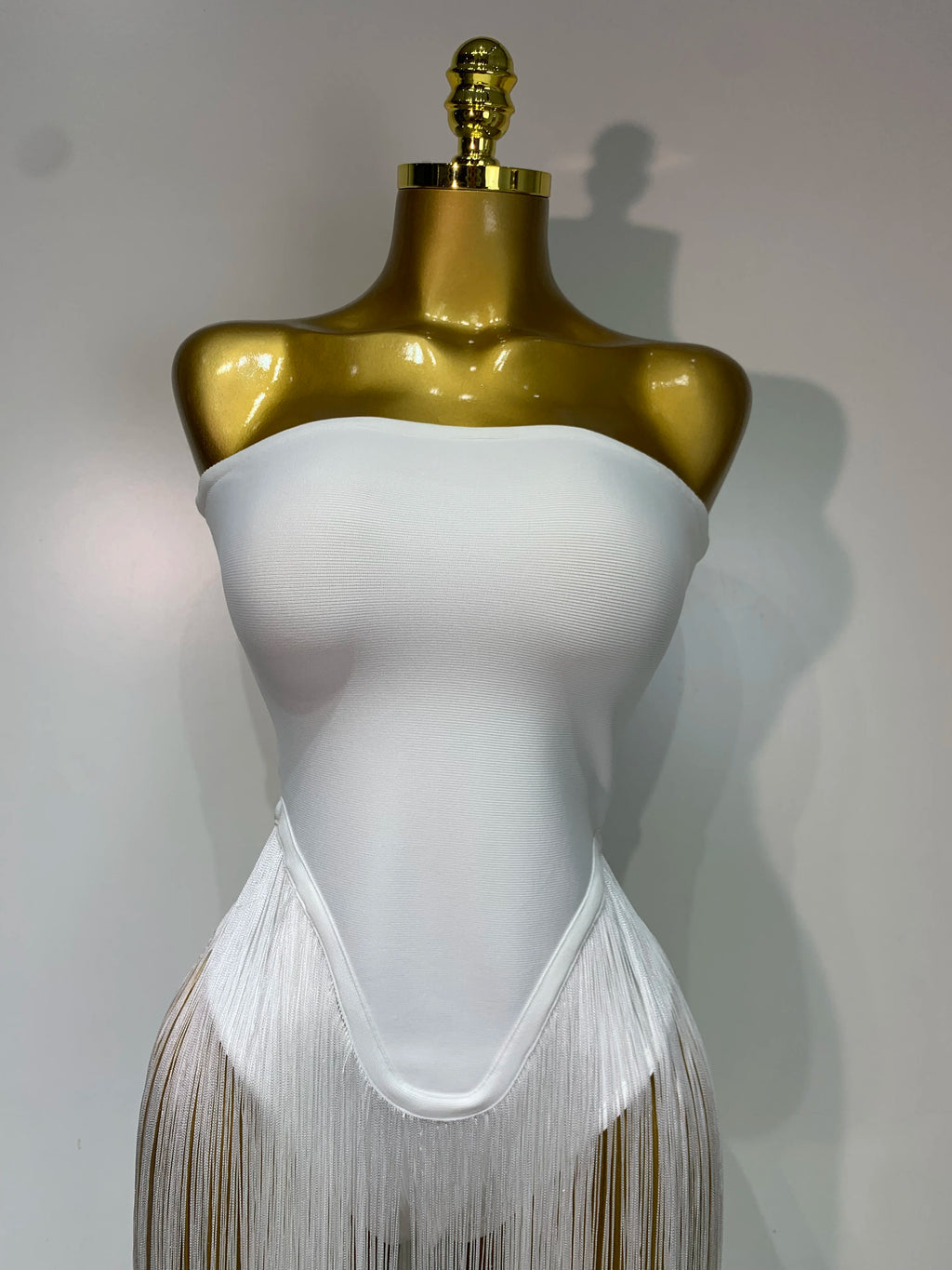 Sexy White Elegant Strapless Long Tassels Bandage Bodysuit