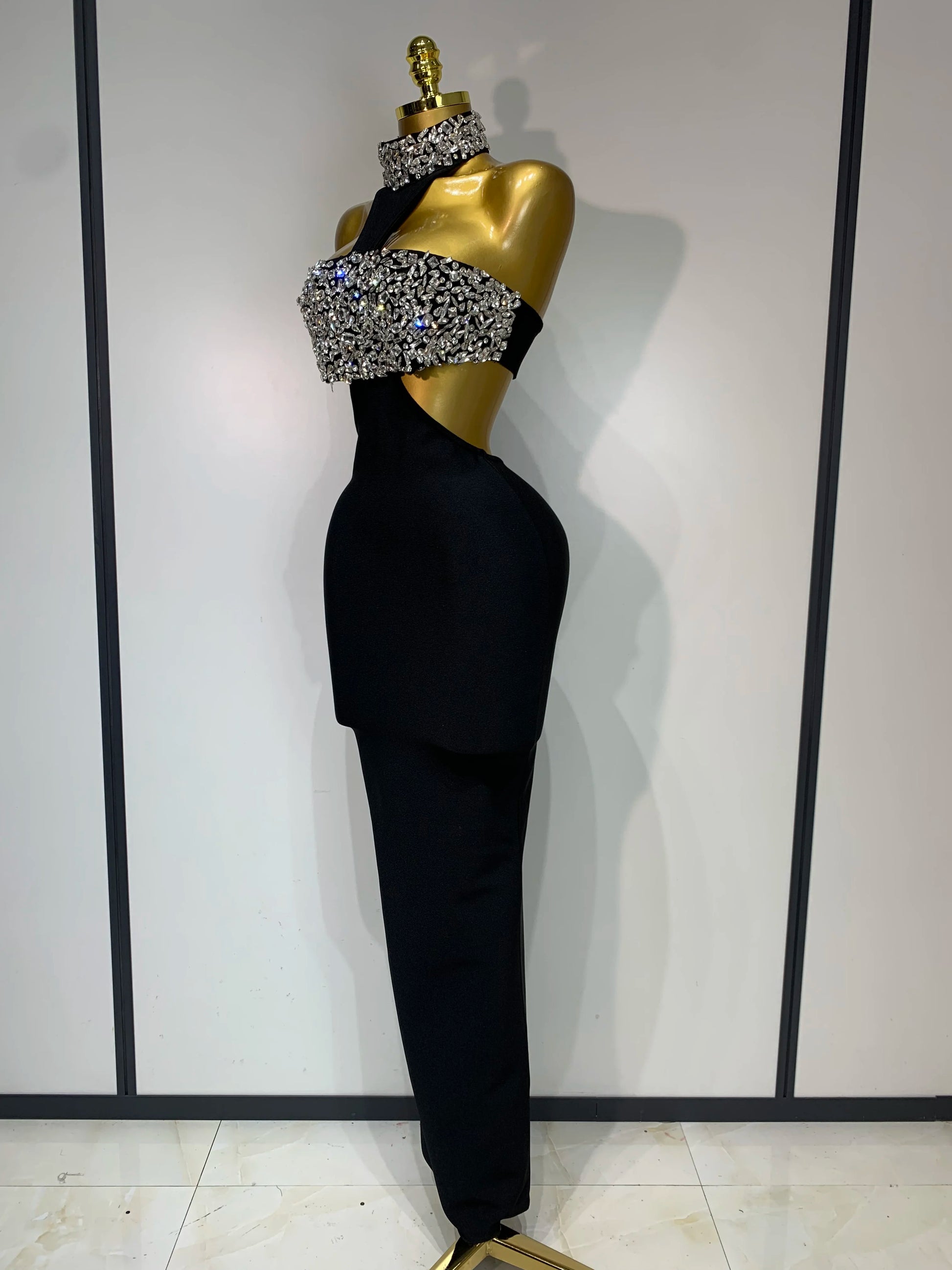Sparkly Crystal Diamonds Black Bodycon Bandage Dress