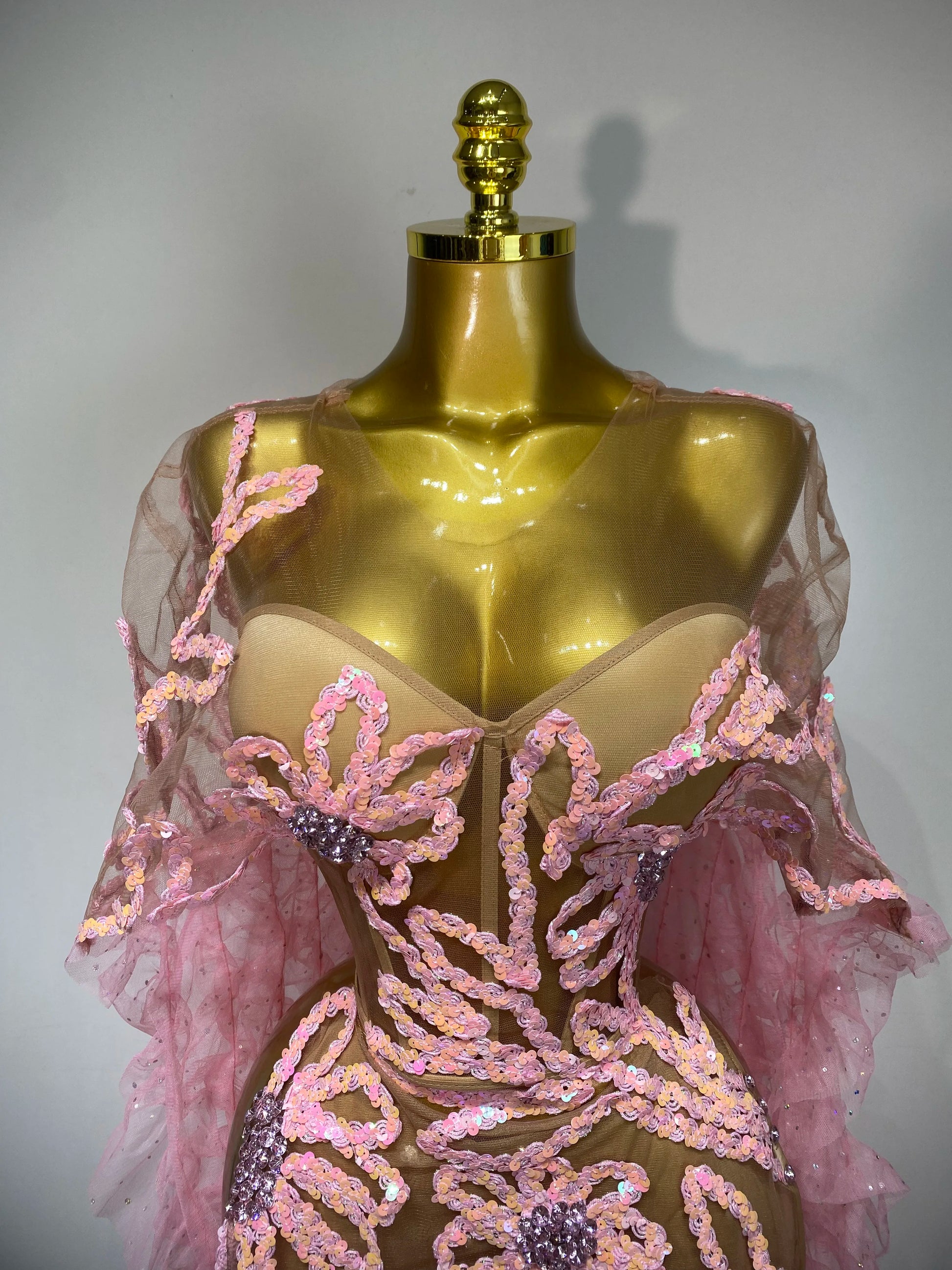 Mesh See Through Sequins Pink Maxi Long Dress