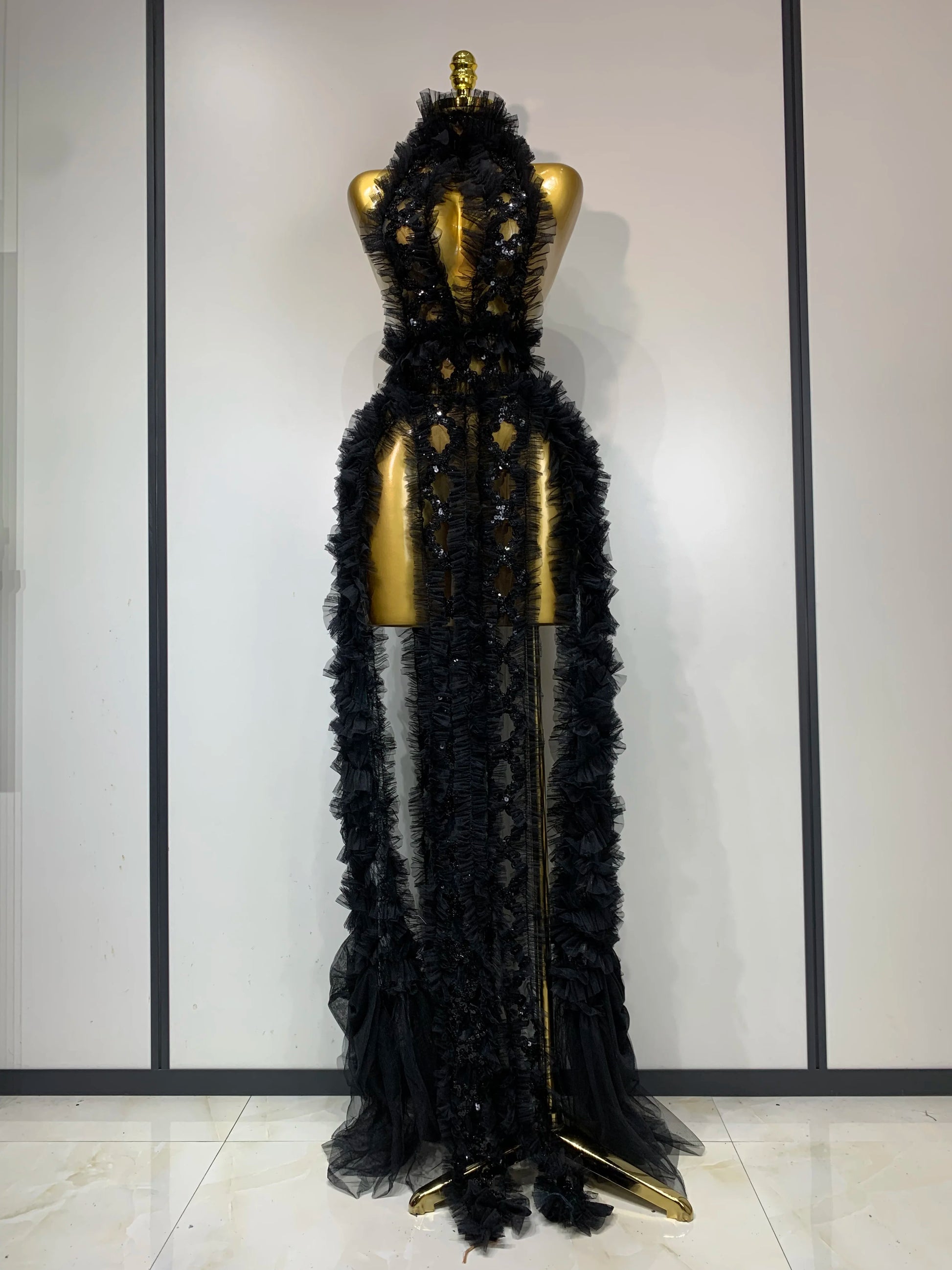 Mesh Sequins Sexy Backless Halter See Through Dress