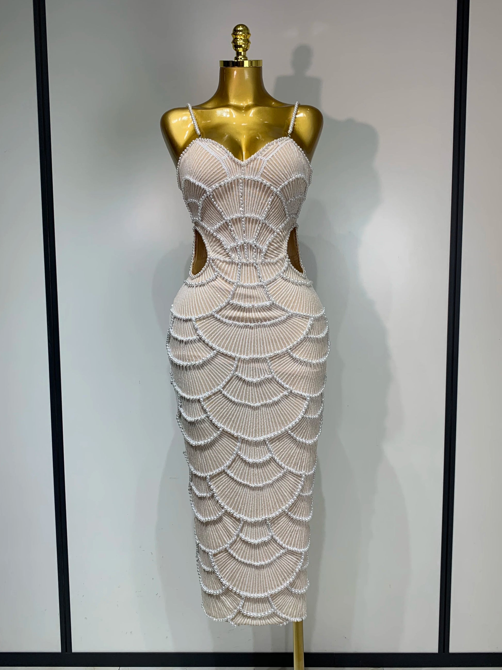 Pearl Beading Cut Out Maxi Long Bodycon Dress