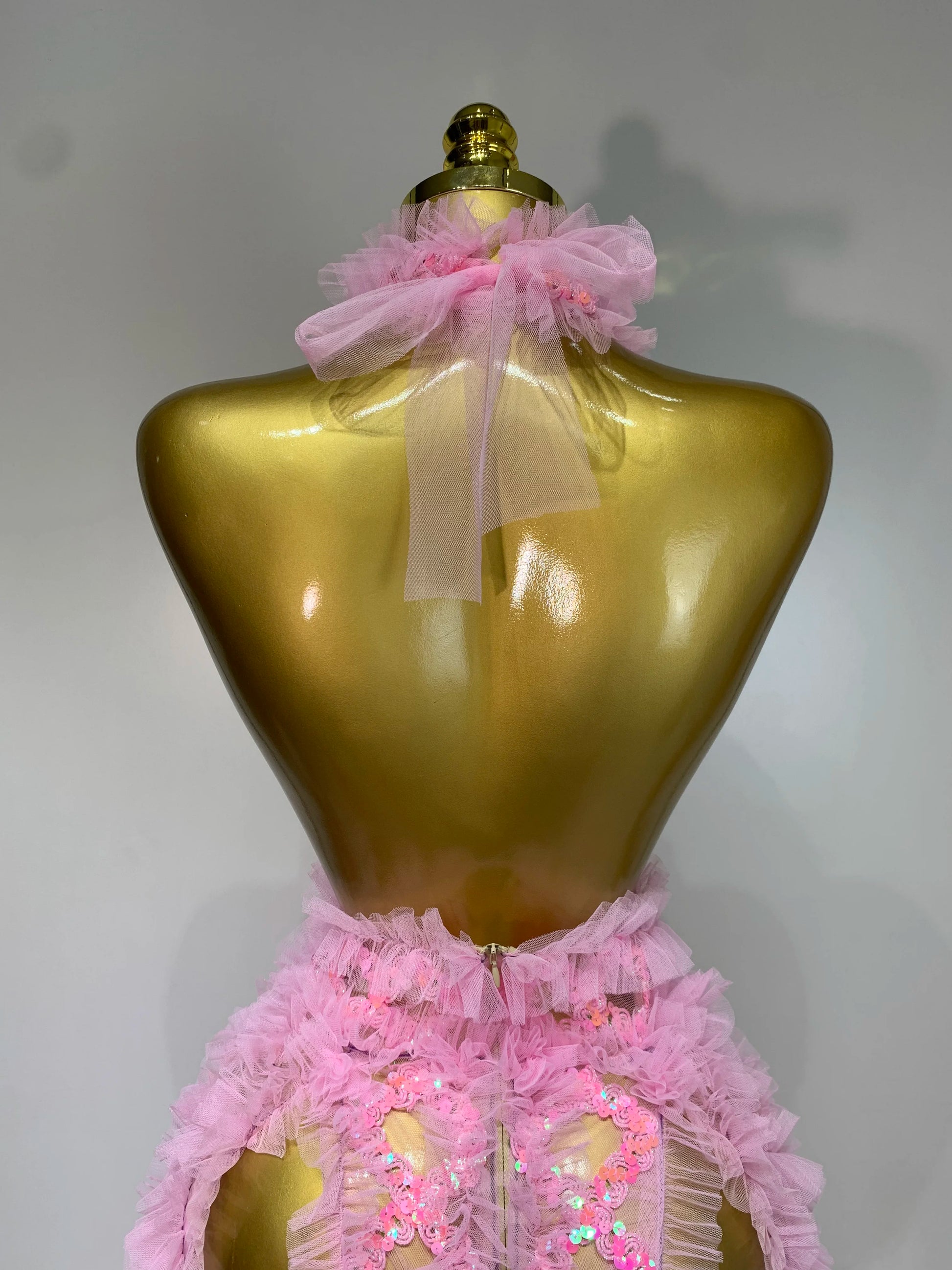Mesh Sequins Sexy Backless Halter See Through Dress