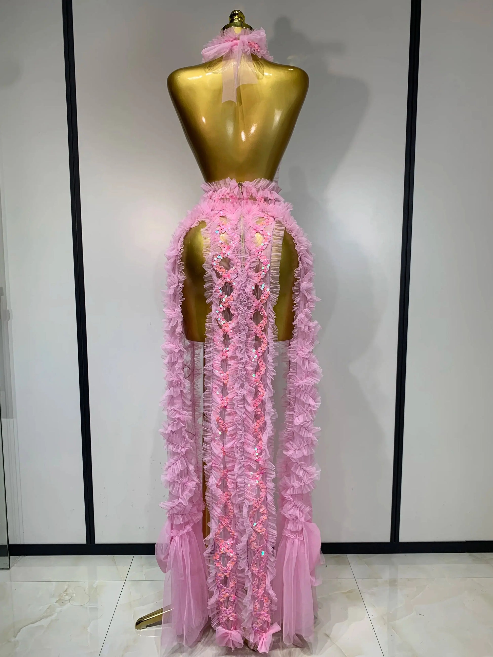 Mesh Sequins Sexy Backless Halter See Through Dress