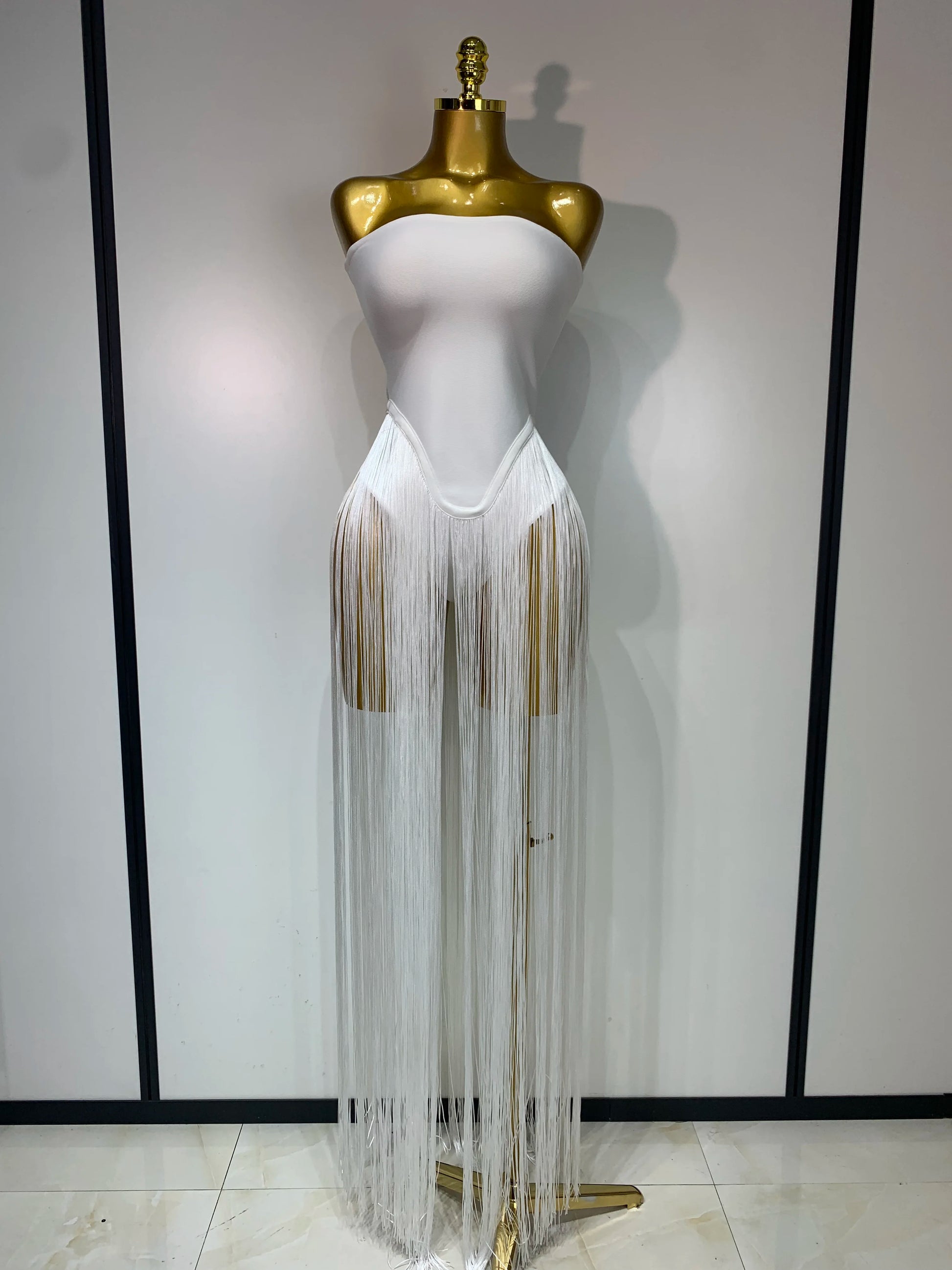 Sexy White Elegant Strapless Long Tassels Bandage Bodysuit