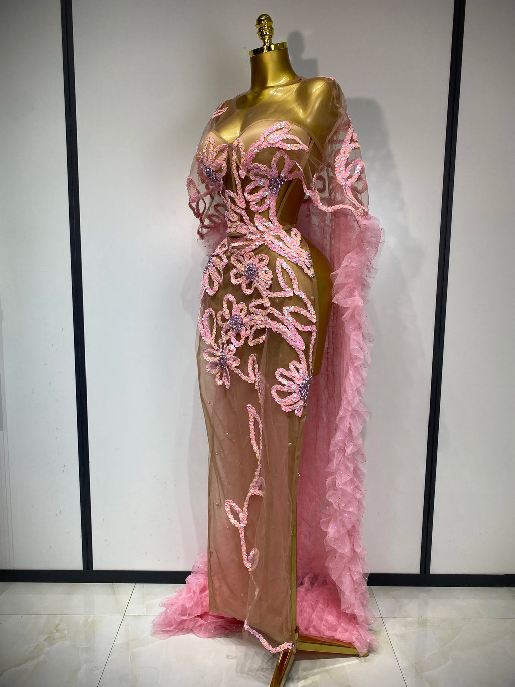 Mesh See Through Sequins Pink Maxi Long Dress