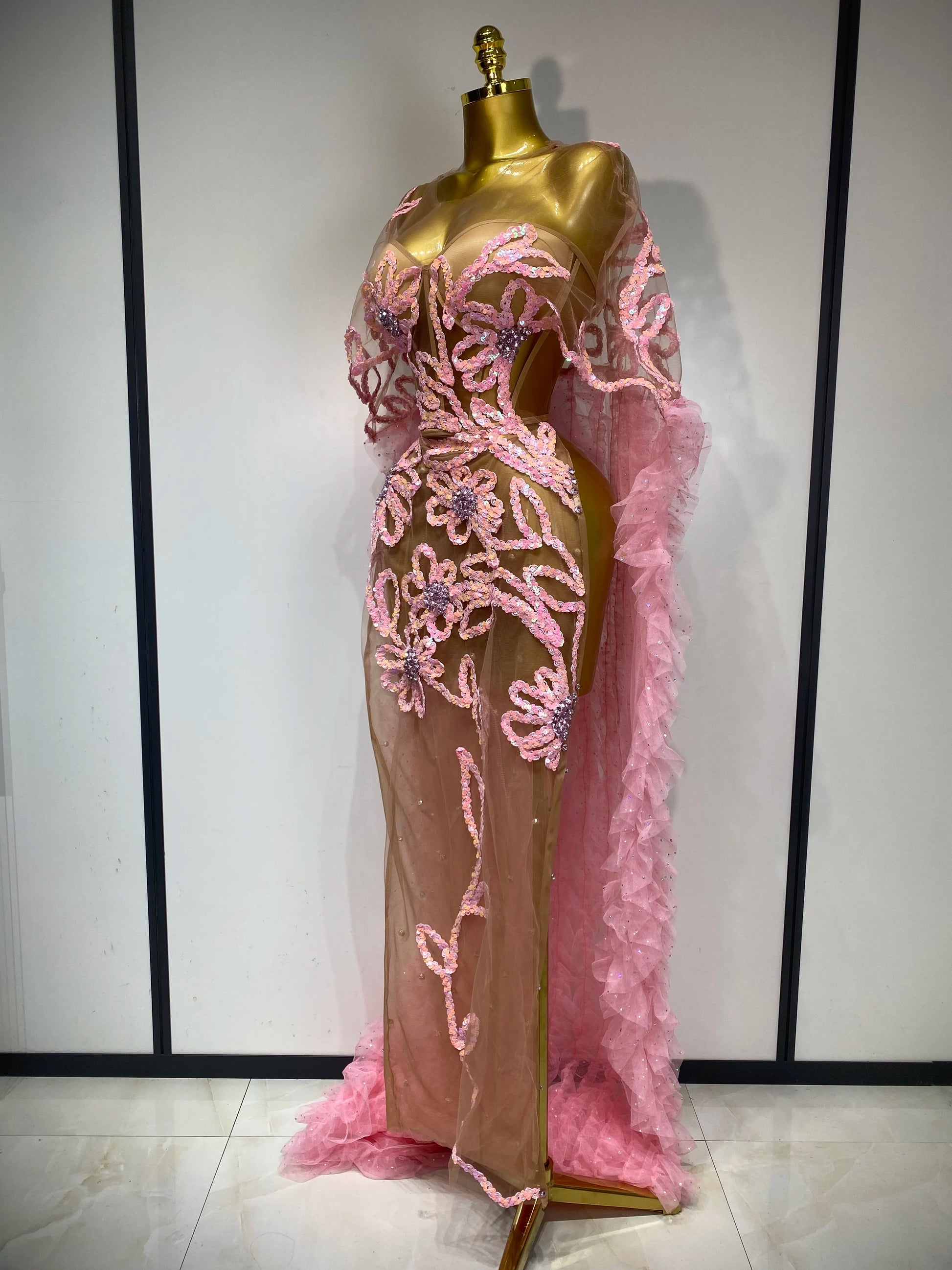 Mesh See Through Sequins Pink Maxi Long Dress