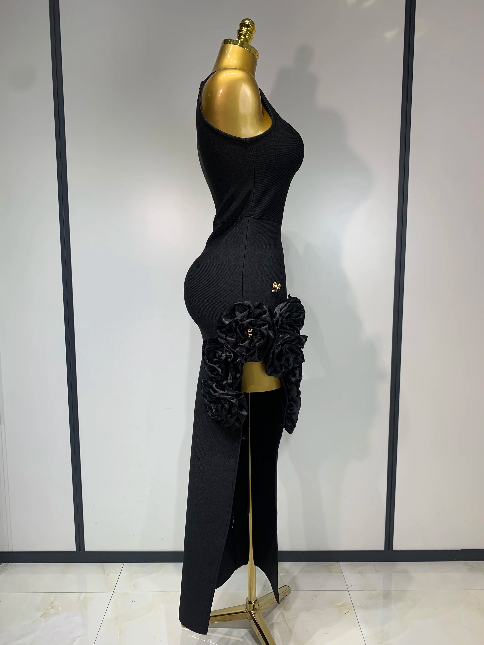 Noir Rosette Ruffle Midi Dress