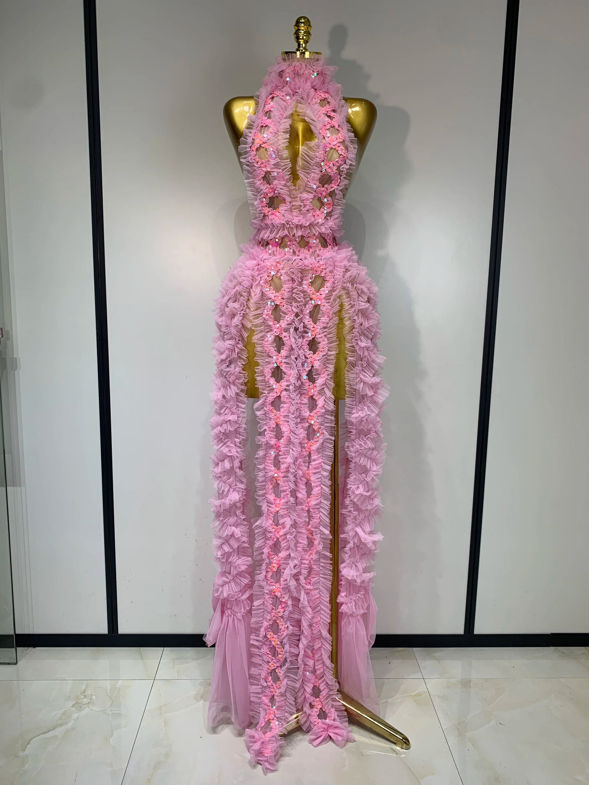 Mesh Sequins Sexy Backless Halter See Through Dress