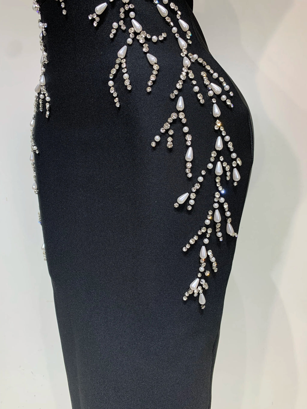 V-Neck Black Beading Maxi Long Bodycon Bandage Dress