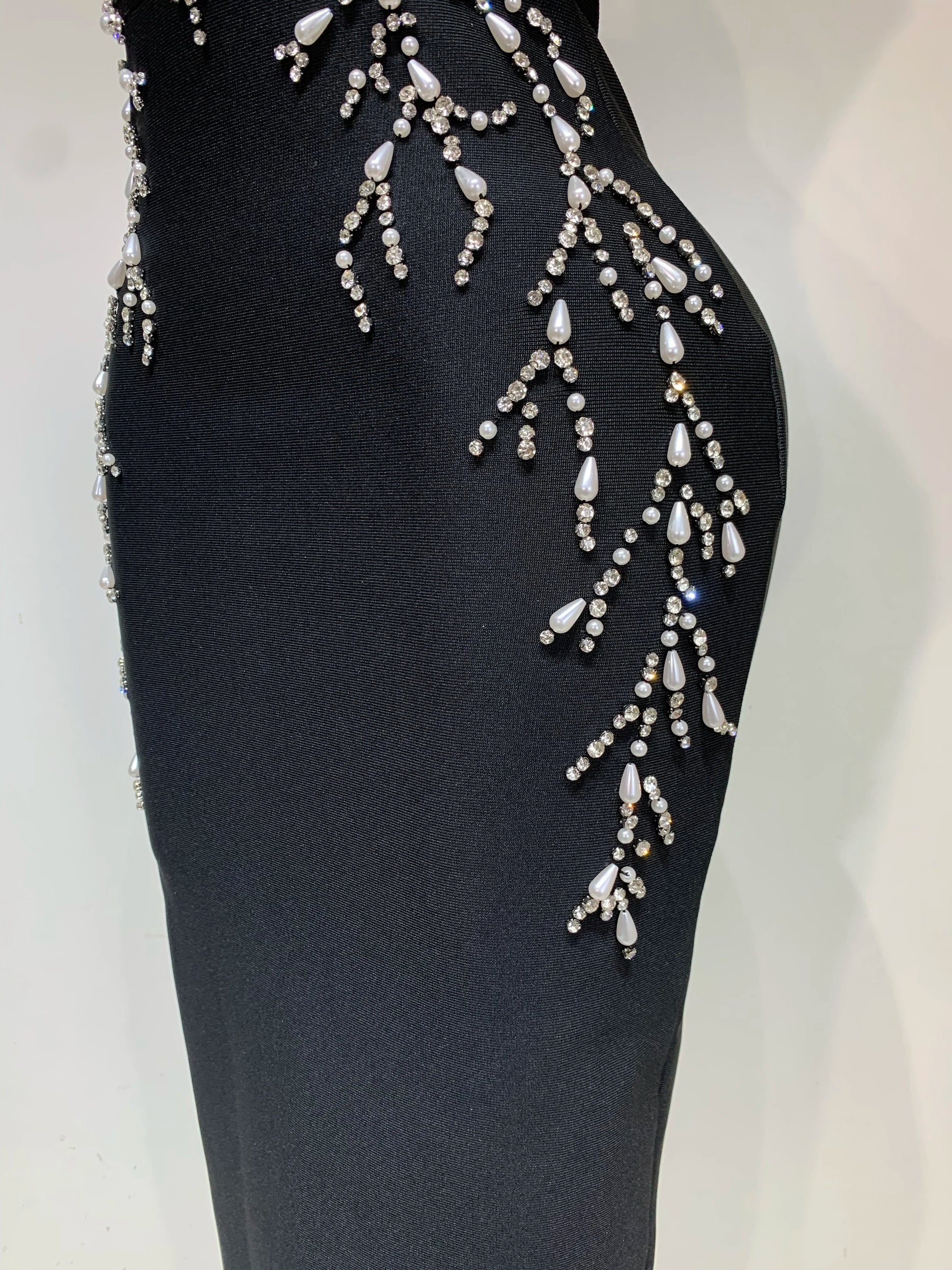 V-Neck Black Beading Maxi Long Bodycon Bandage Dress