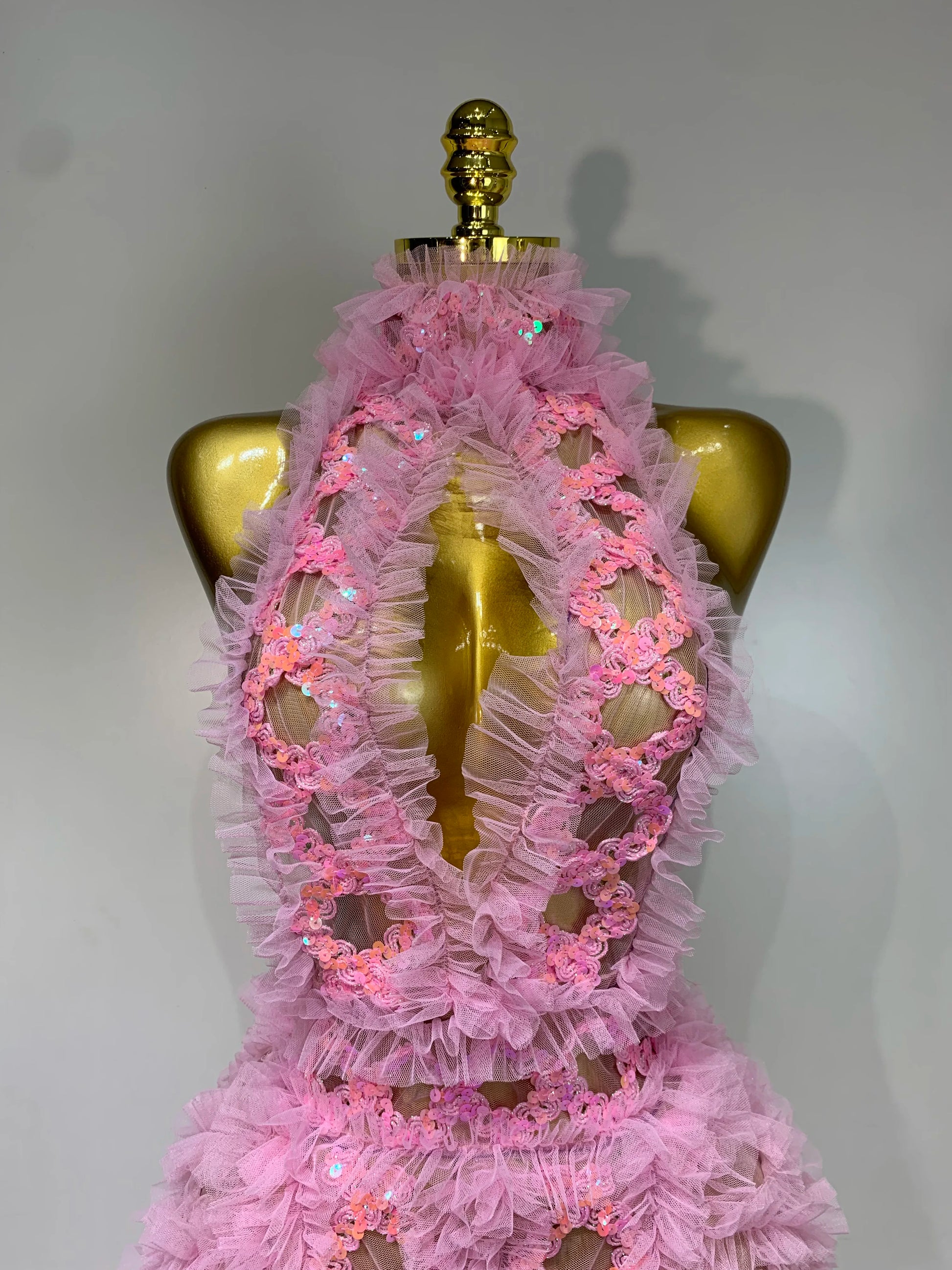 Mesh Sequins Sexy Backless Halter See Through Dress
