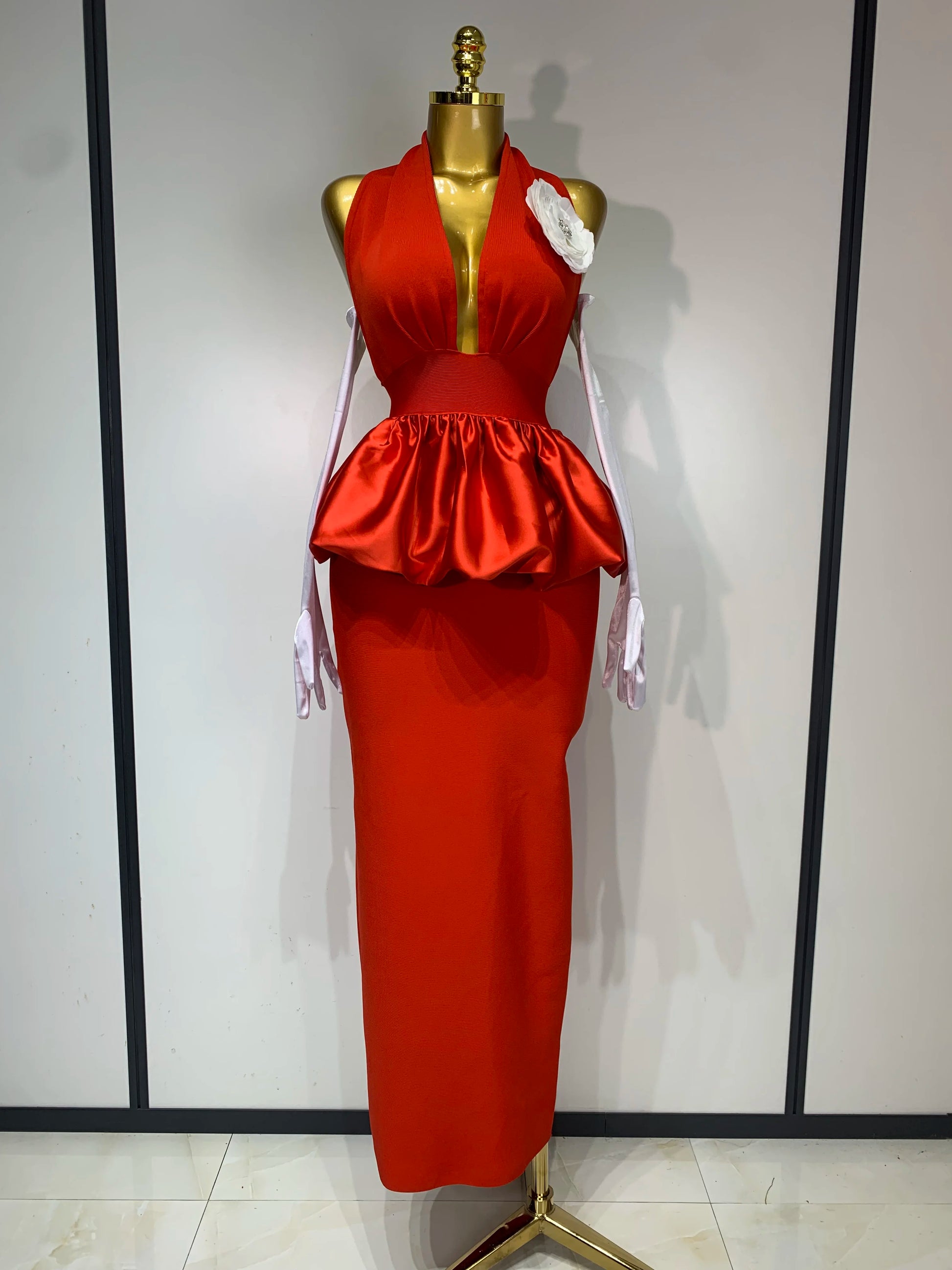 Scarlet Peony Satin Peplum Gown