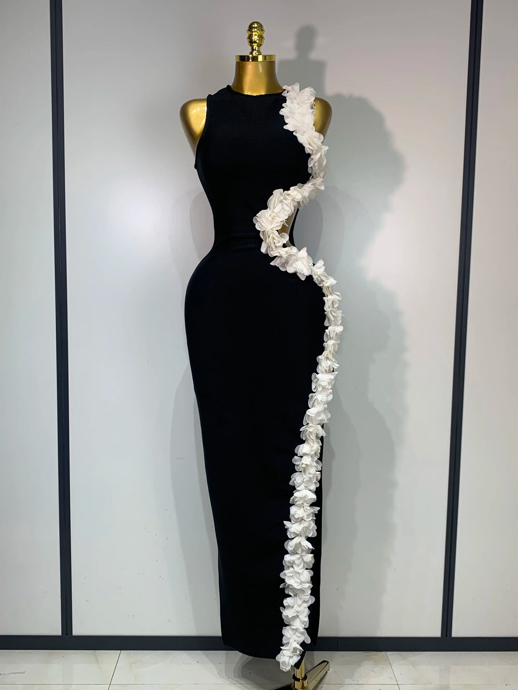 O Neck Flower Cut Out Maxi Long Bodycon Bandage Dress