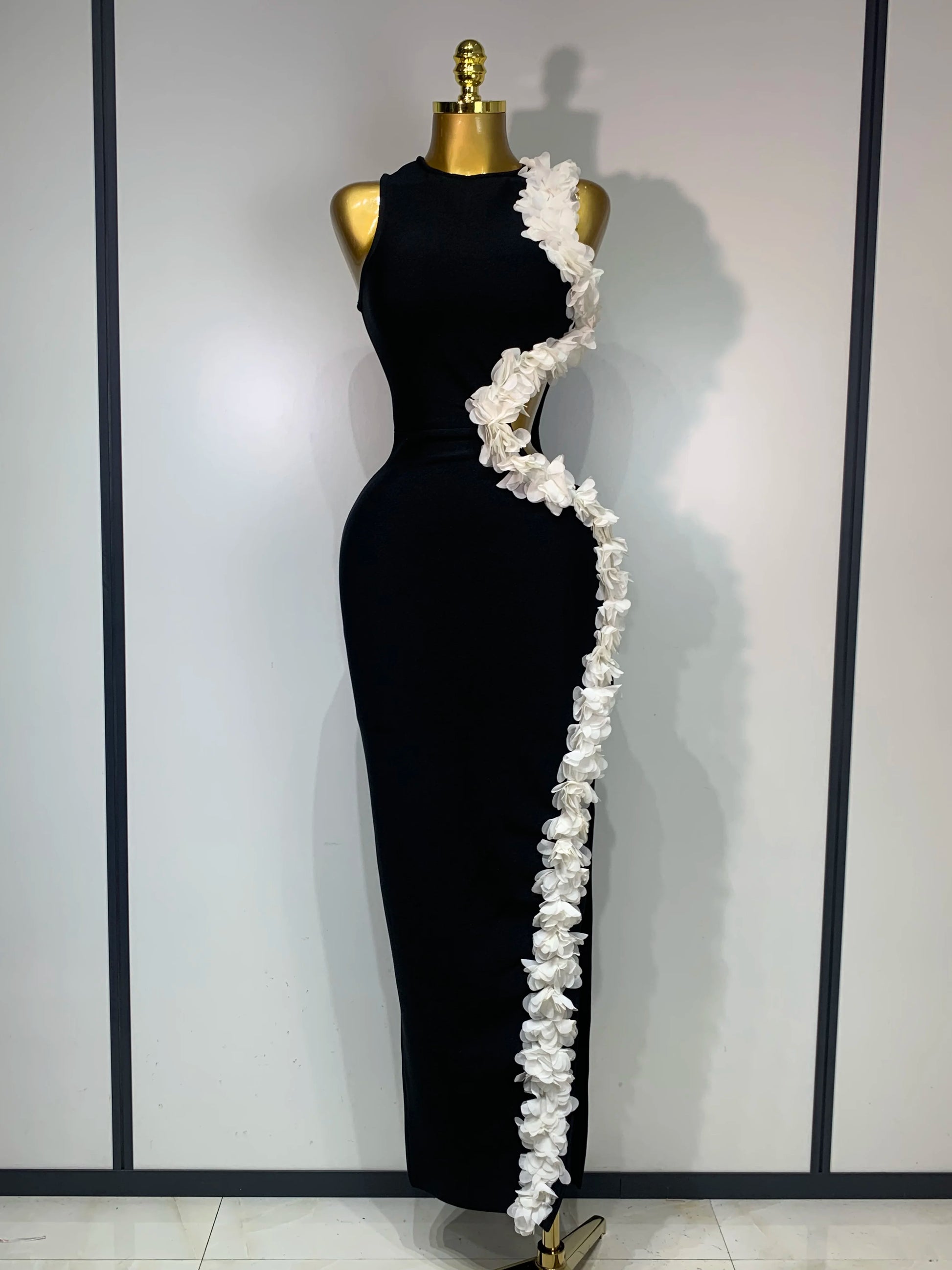 O Neck Flower Cut Out Maxi Long Bodycon Bandage Dress